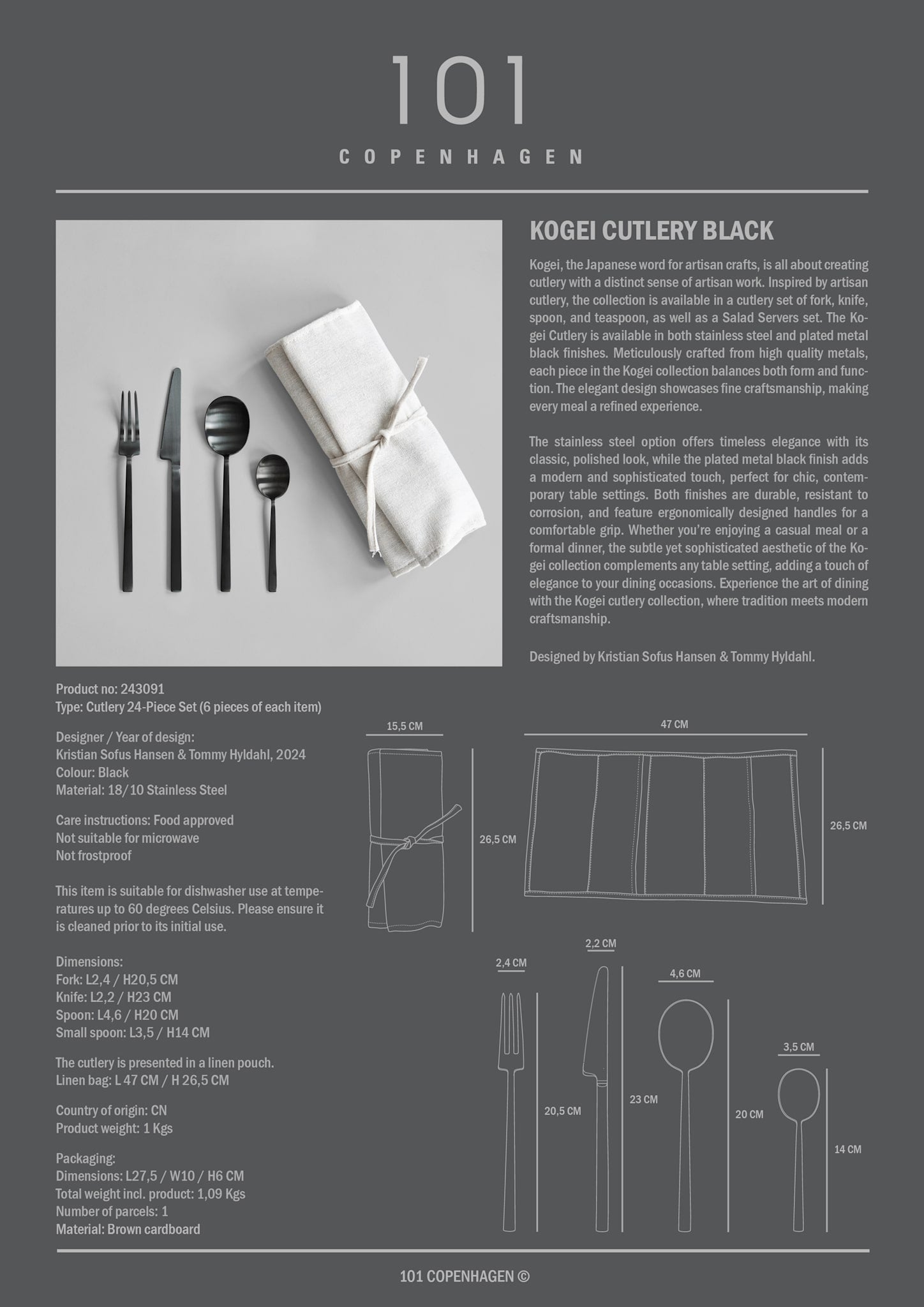 101 Copenhagen - Kogei Cutlery - Black (24 pcs) - Cutlery set