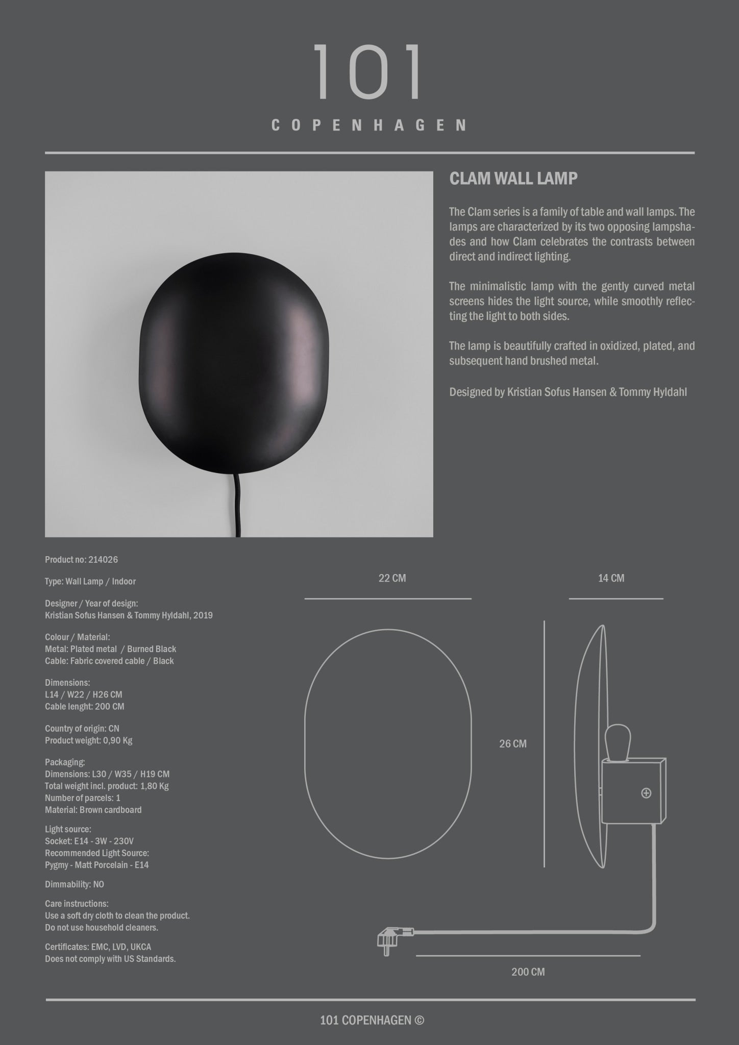 101 Copenhagen - Clam Wall Lamp - Burned Black - Wall Lamp