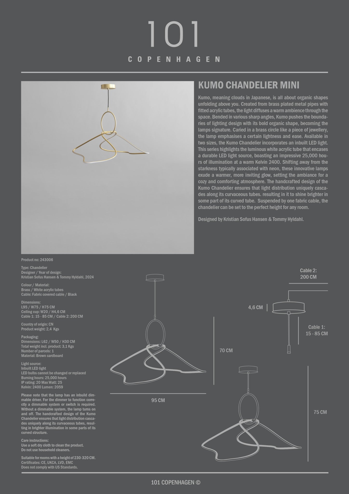 101 Copenhagen - Kumo Chandelier, Mini - Brass - Chandelier