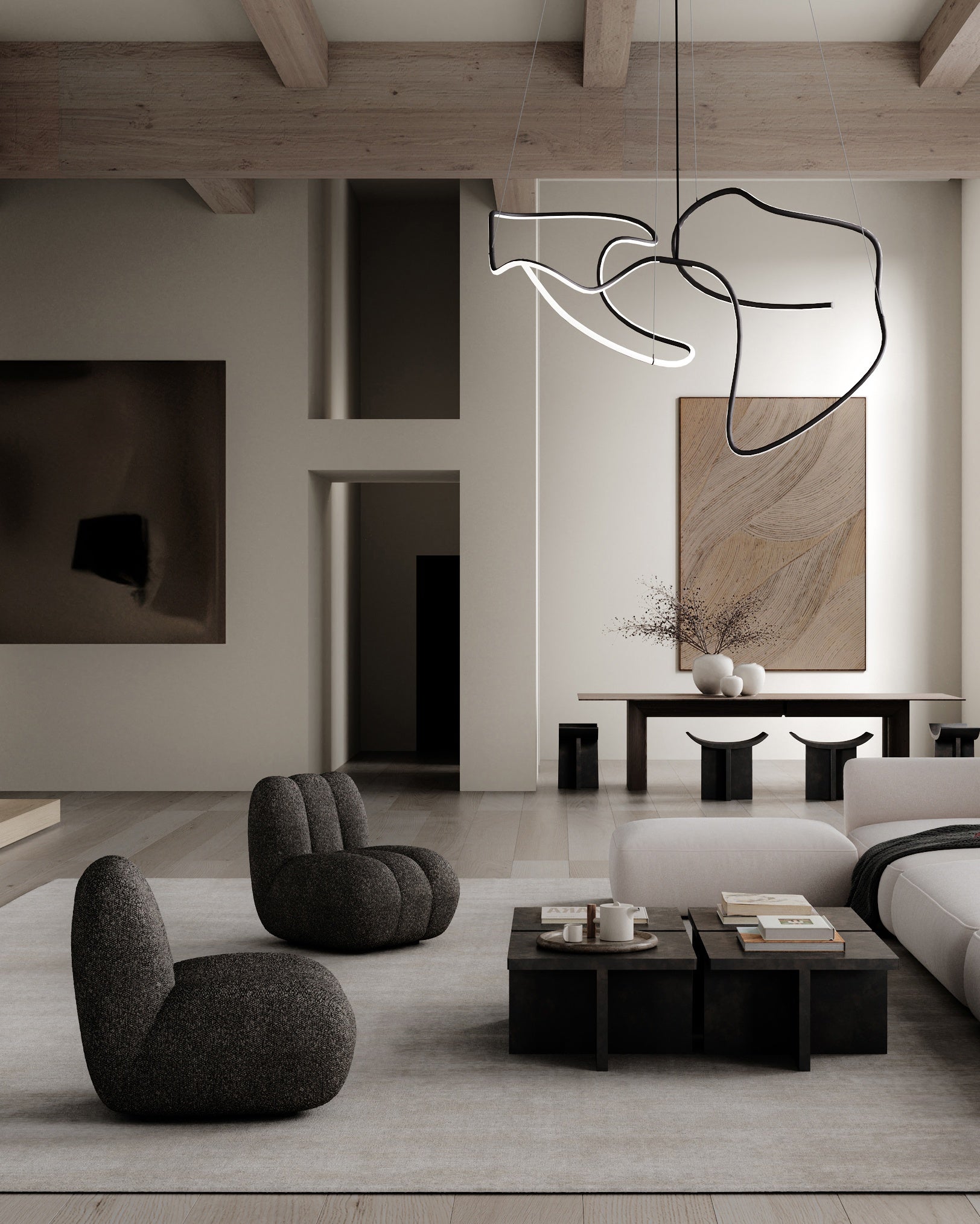 101 Copenhagen Ghost Chandelier, Toe Chairs, Brutus coffee table