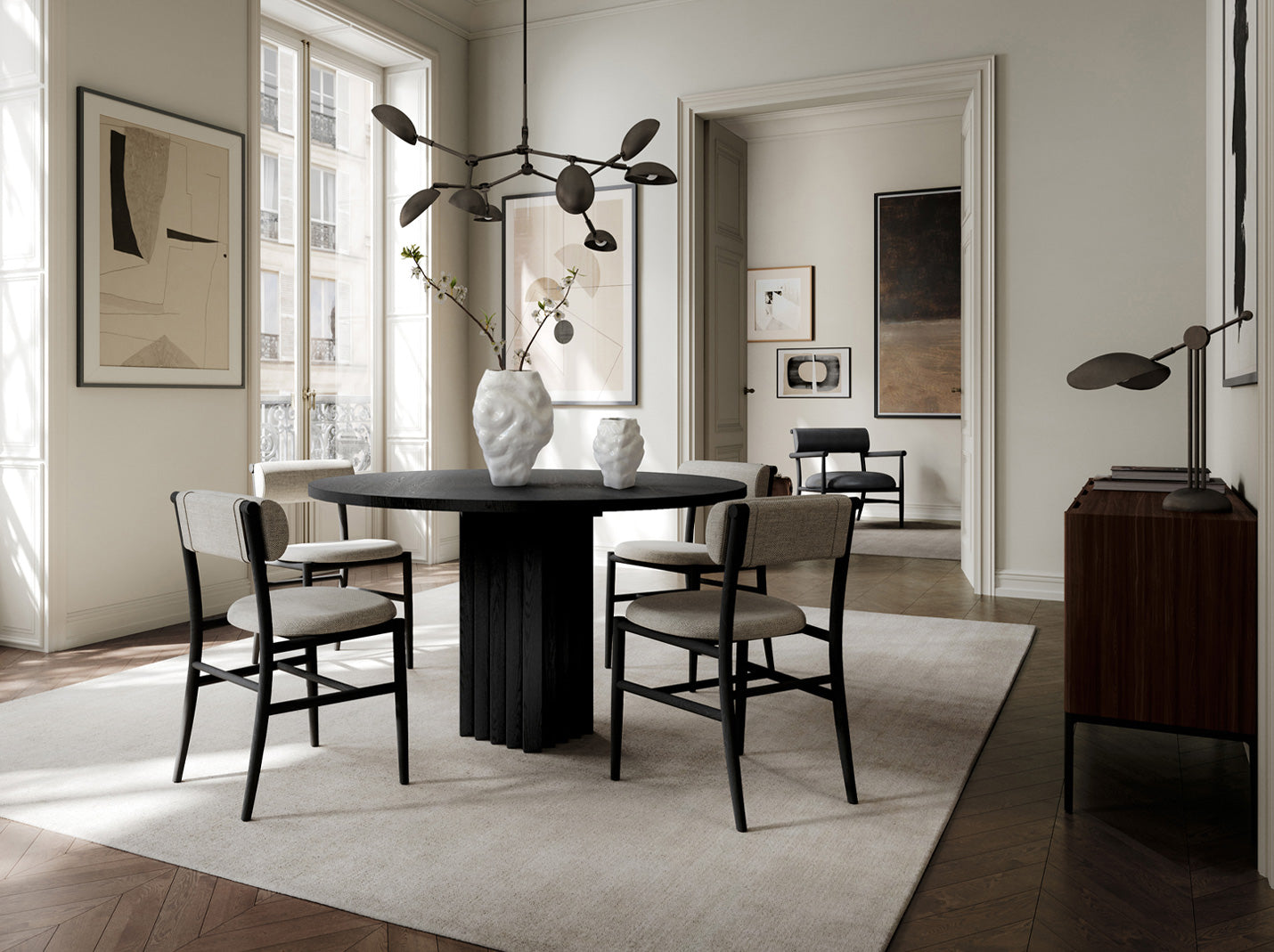 101 Copenhagen dining room with Katachi high glazed vases, Nama dining chairs and loung chair, Arc round dining table stingray-lighting
