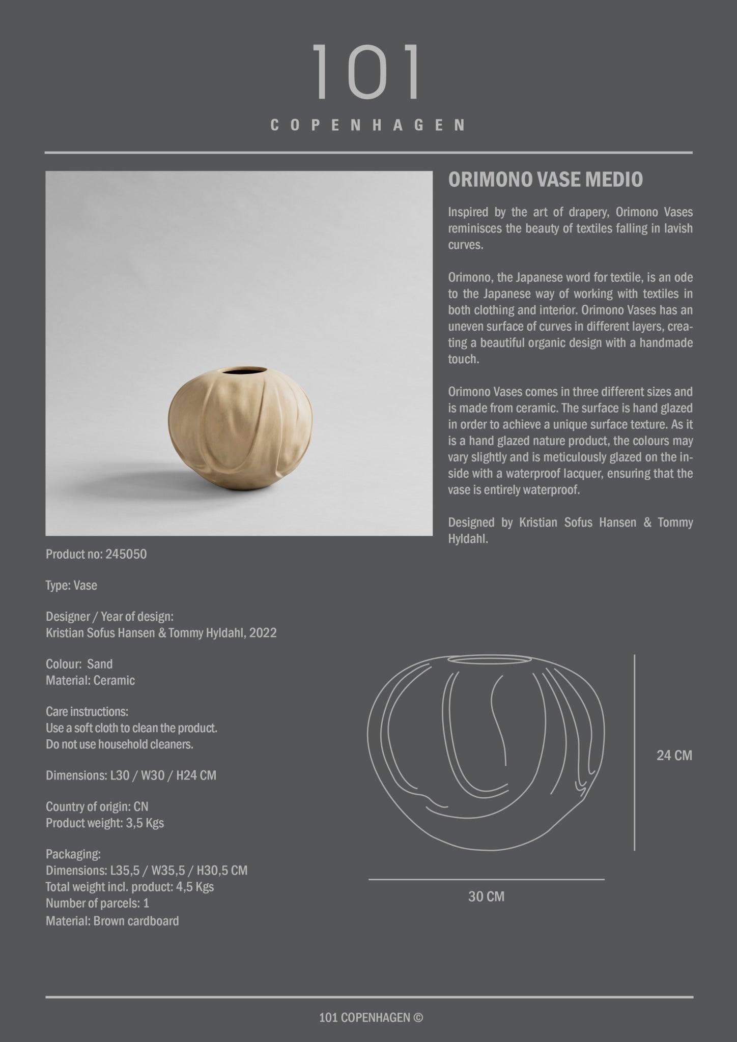 101 Copenhagen - Orimono Vase, Medio - Sand - Vase