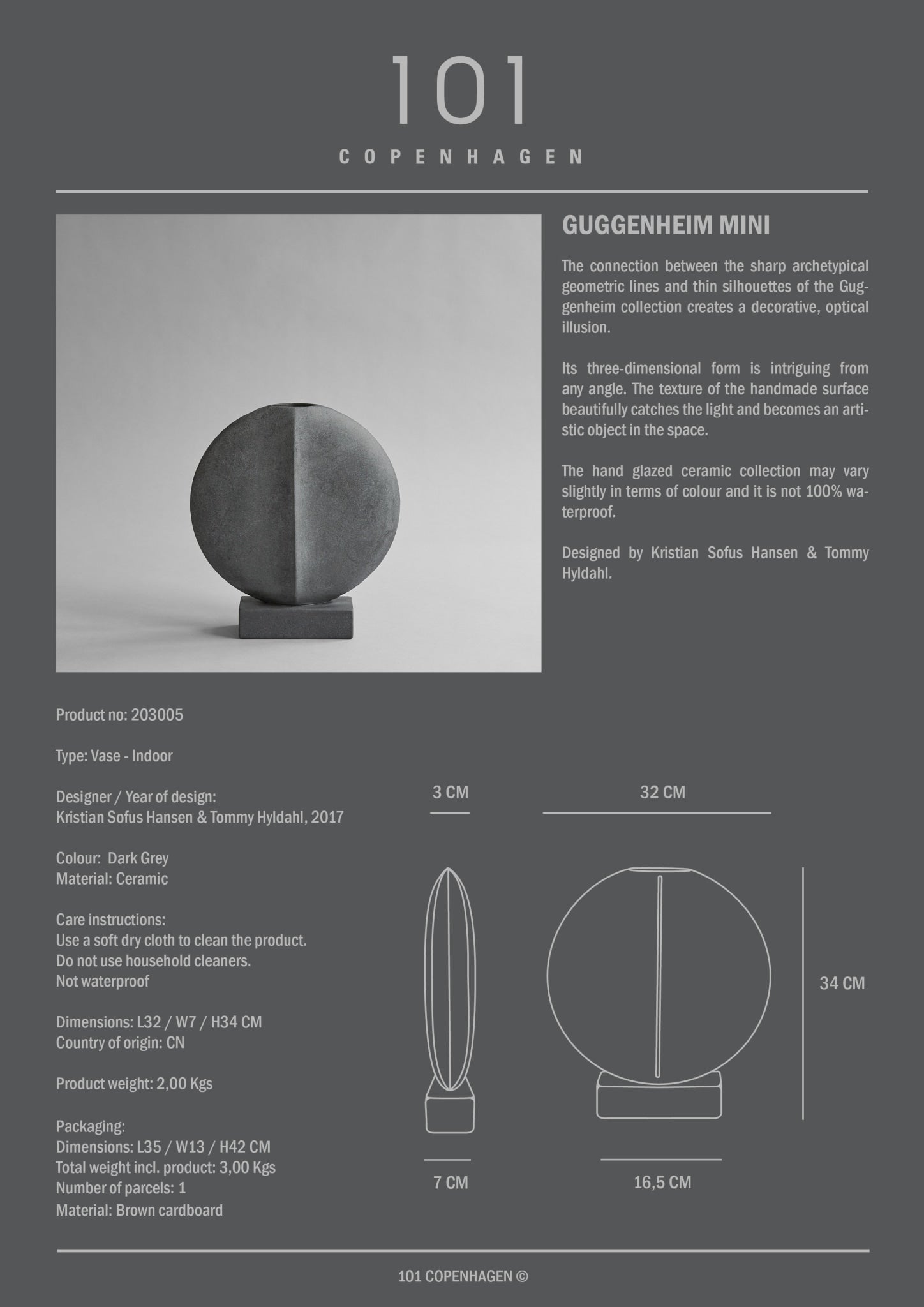 101 Copenhagen - Guggenheim Vase, Mini - Dark Grey - Vase