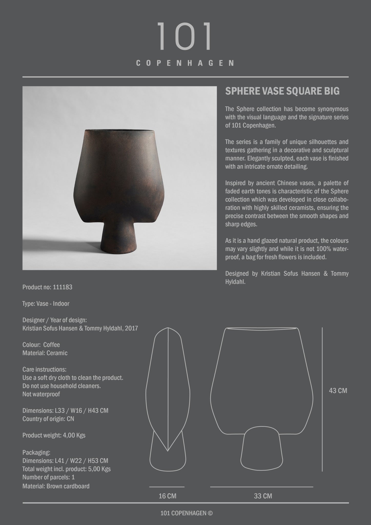 101 Copenhagen - Sphere Vase Square, Big - Coffee - Vase