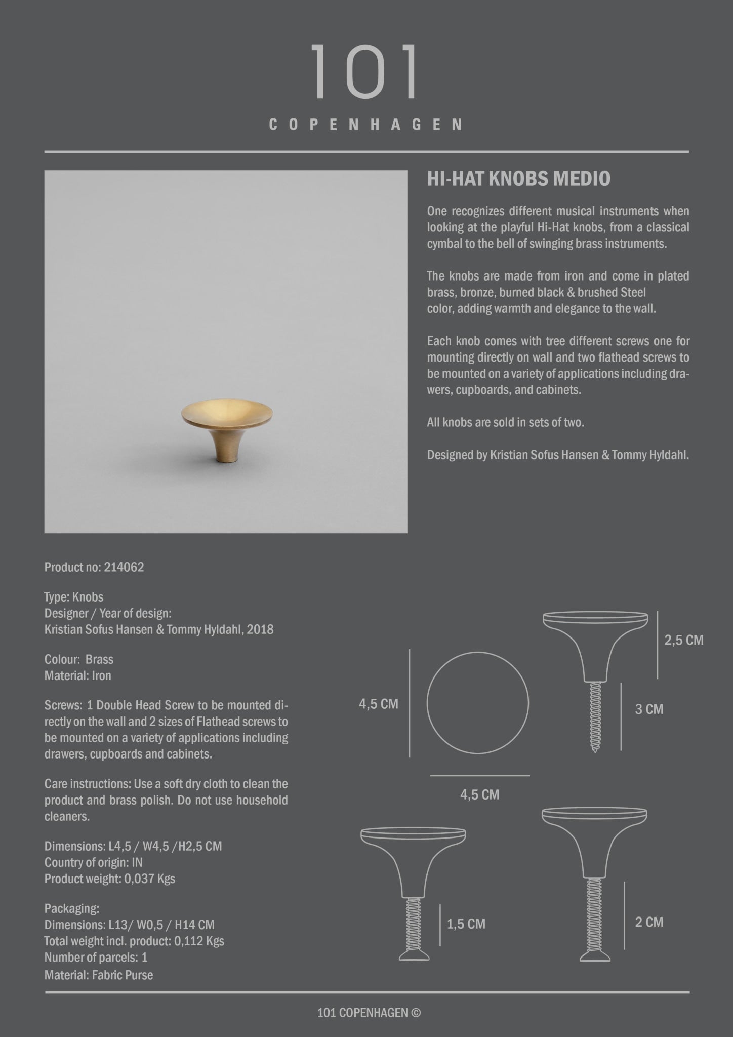 101 Copenhagen - HiHat Knobs, Medio - Brass - Knobs