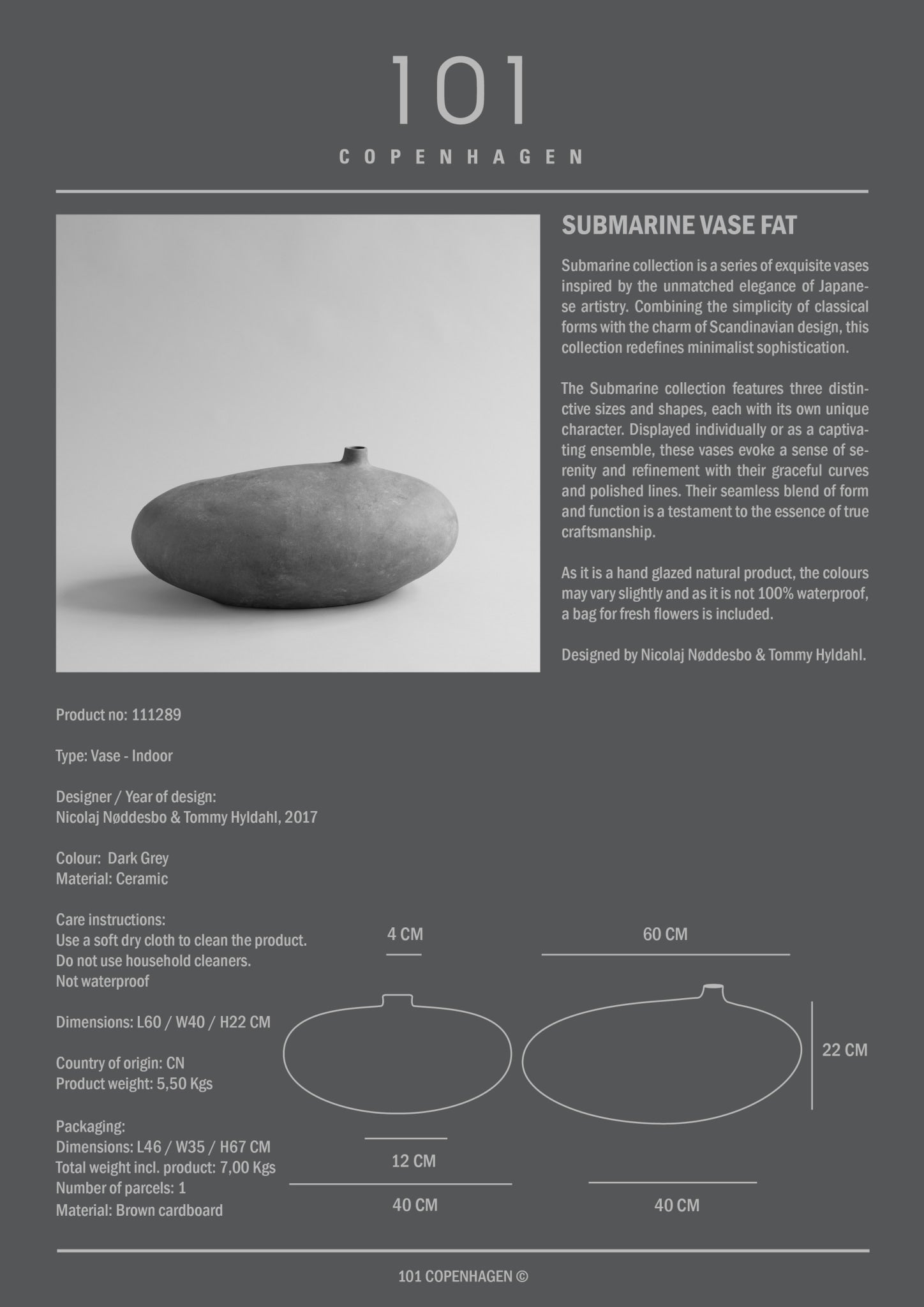 101 Copenhagen - Submarine Vase, Fat - Dark grey - Vase