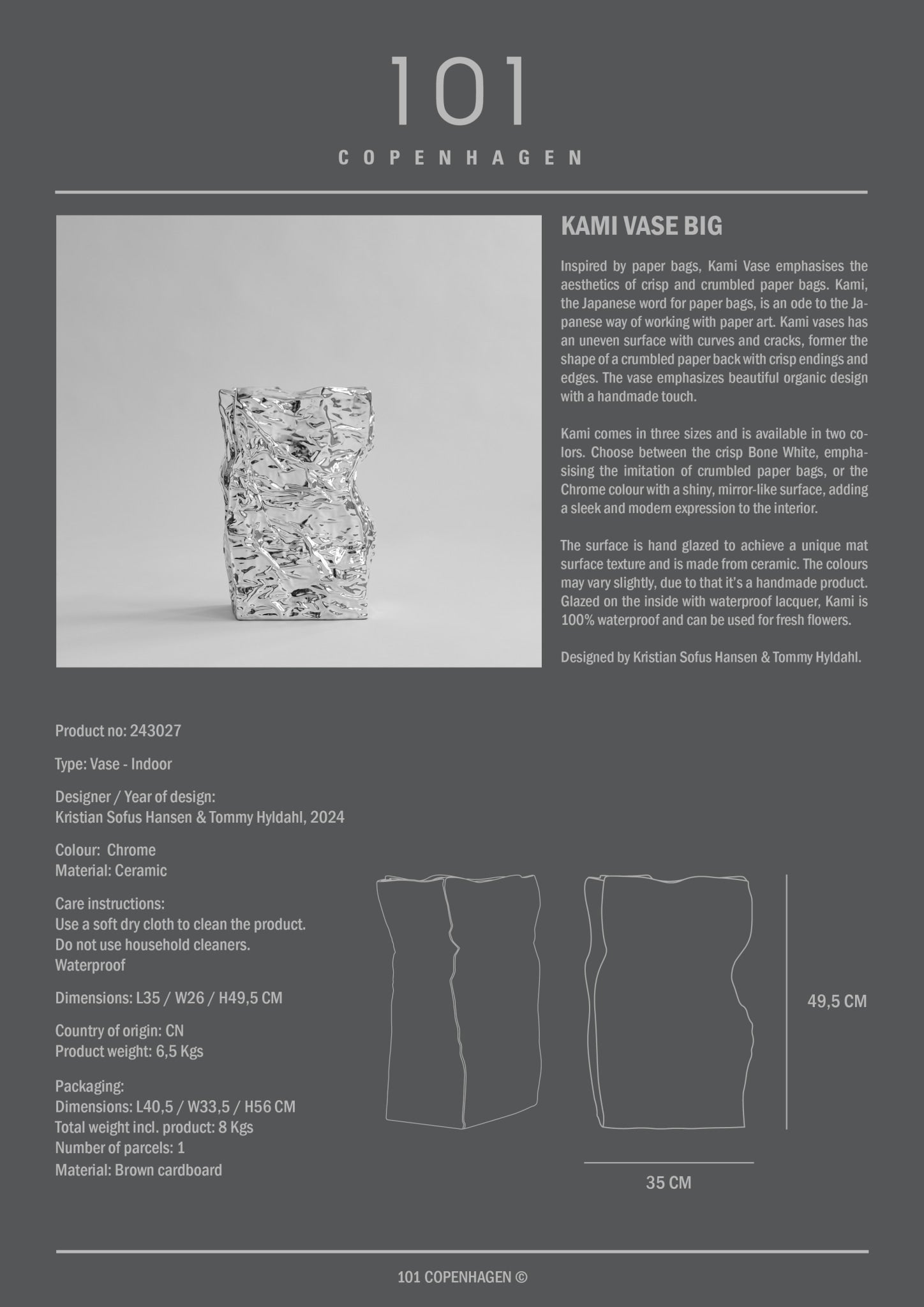 101 Copenhagen - Kami Vase, Big - Chrome - Vase
