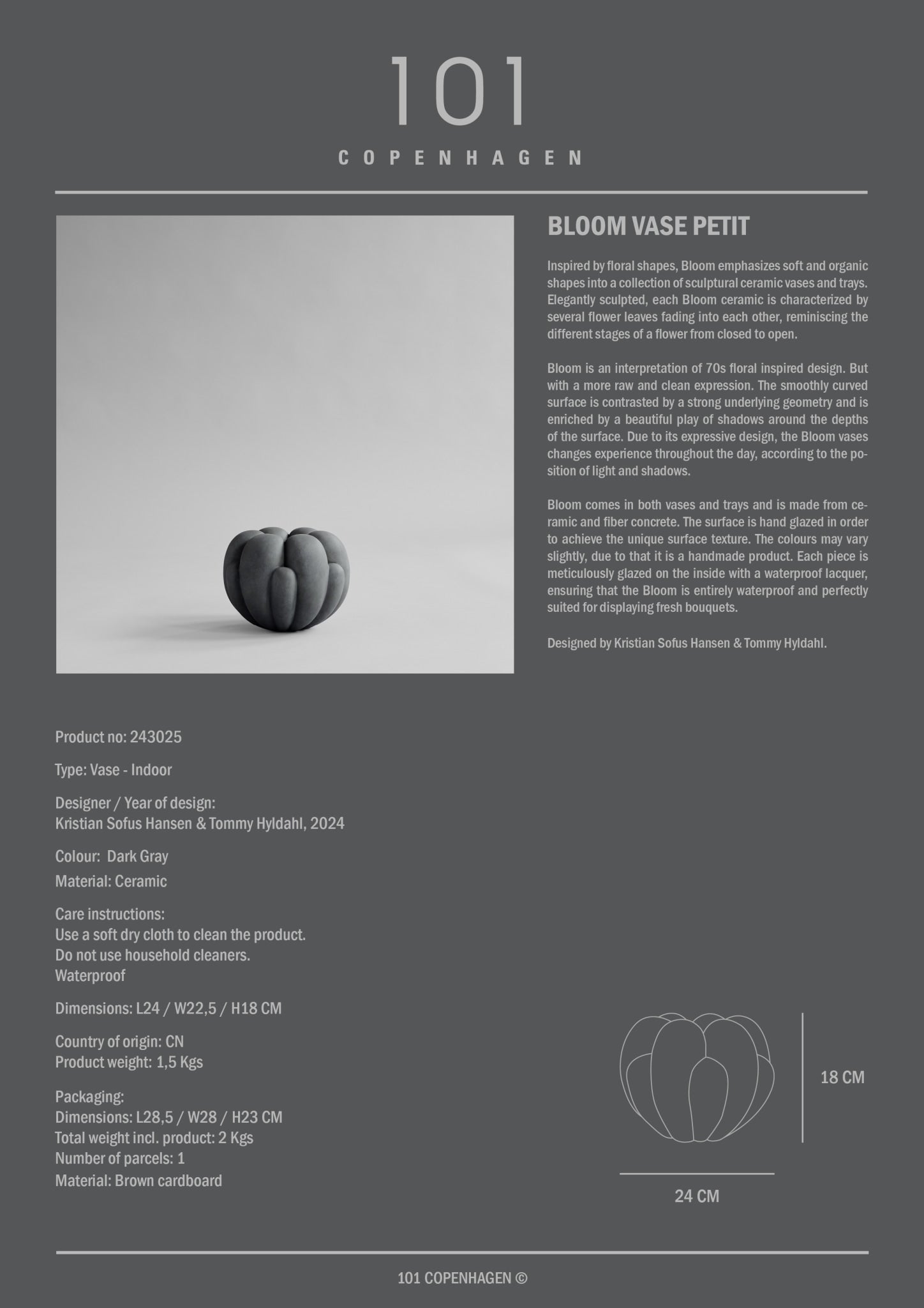 101 Copenhagen - Bloom Vase, Petit - Dark Grey - Vase