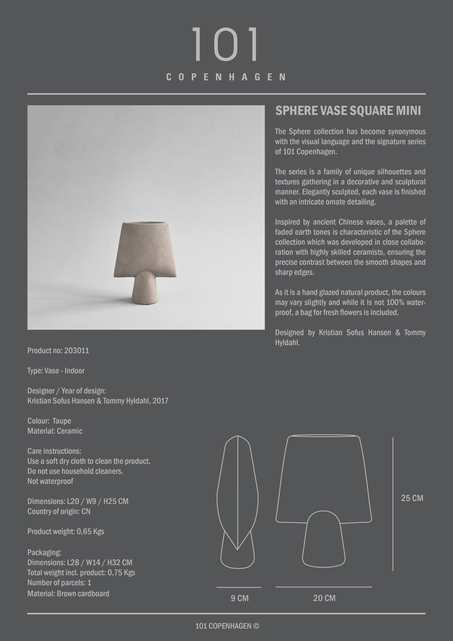 101 Copenhagen - Sphere Vase Square, Mini - Taupe - Vase