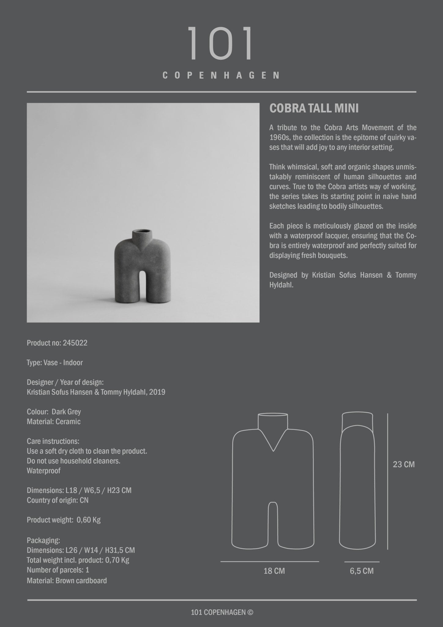 101 Copenhagen - Cobra Vase Tall, Mini - Dark Grey - Vase