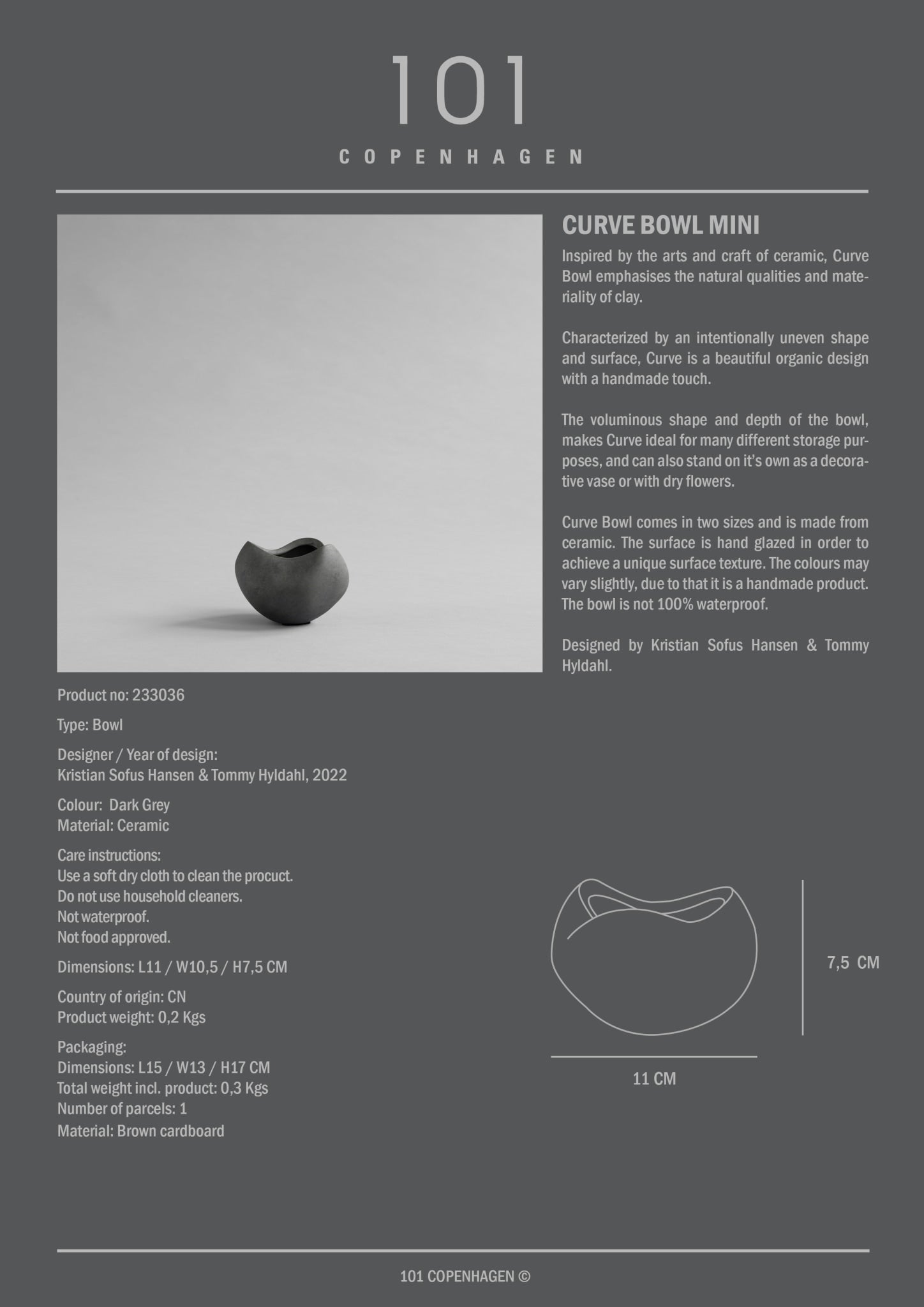 101 Copenhagen - Curve Bowl, Mini - Dark Grey - Ceramic bowl
