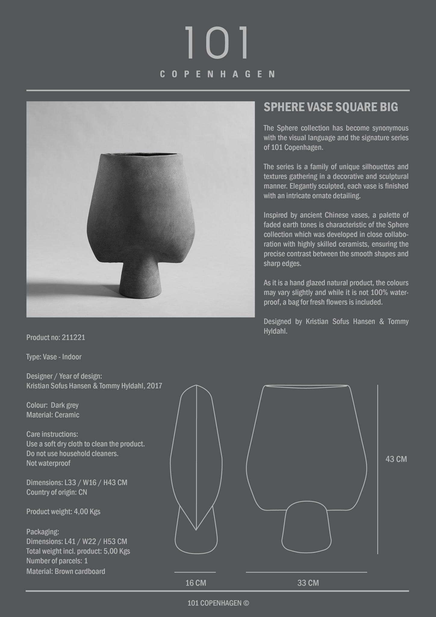 101 Copenhagen - Sphere Vase Square, Big - Dark Grey - Vase