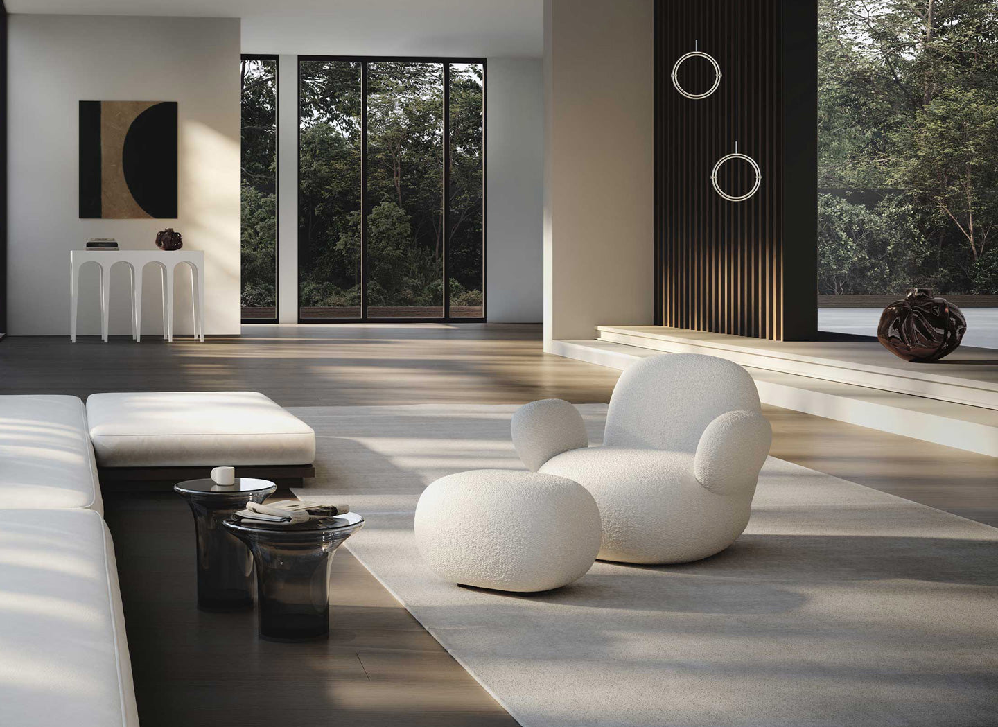 101 Copenhagen Maru Pendants Toe Armchair and Ottoman, Bow Consol, and Trumpet glass tables