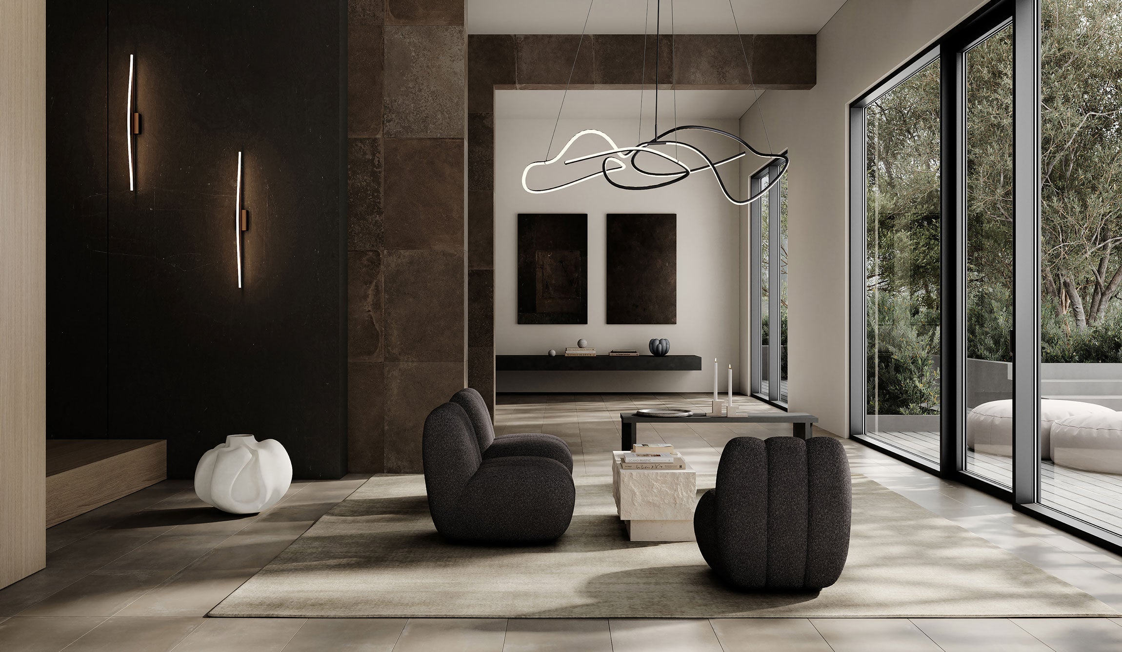 101 Copenhagen living room with Bow Wall lamps, Wabi and Bloom vases, Temple coffee table, toe chairs, and a Ghost chandelier