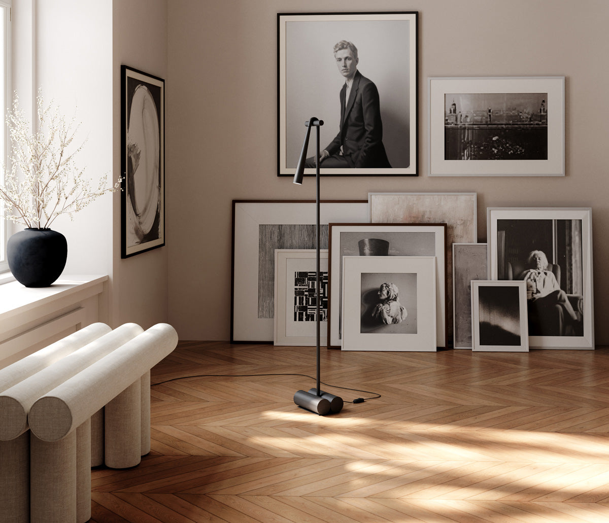 Snake floor lamp in Burned Black, sunao vase, and hiro bench
