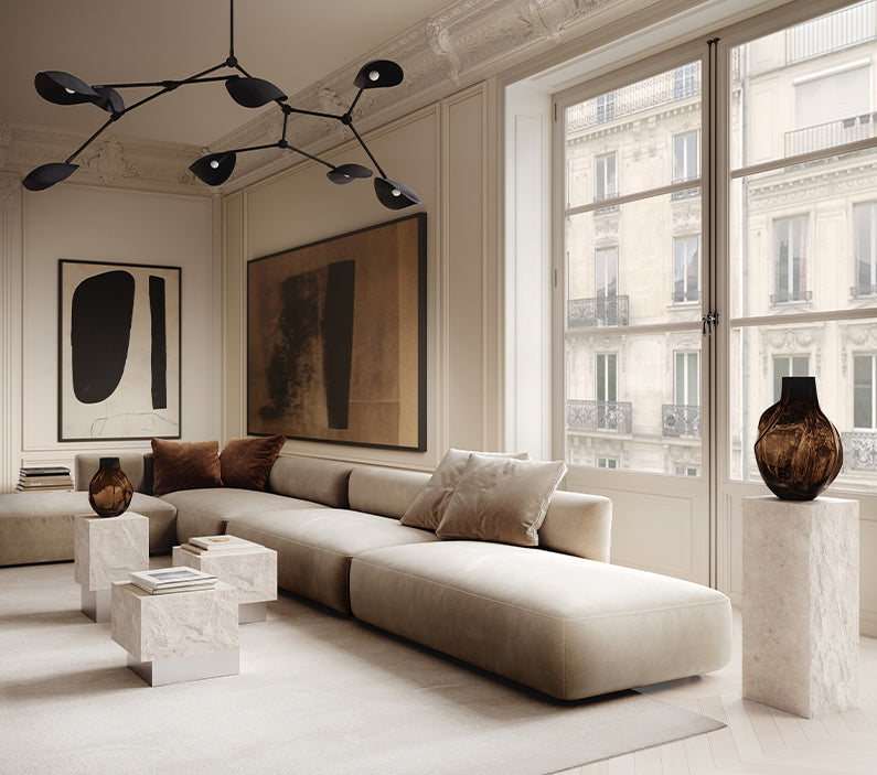 101 Copenhagen Limestone tables Stingray Chandelier and Baku vases