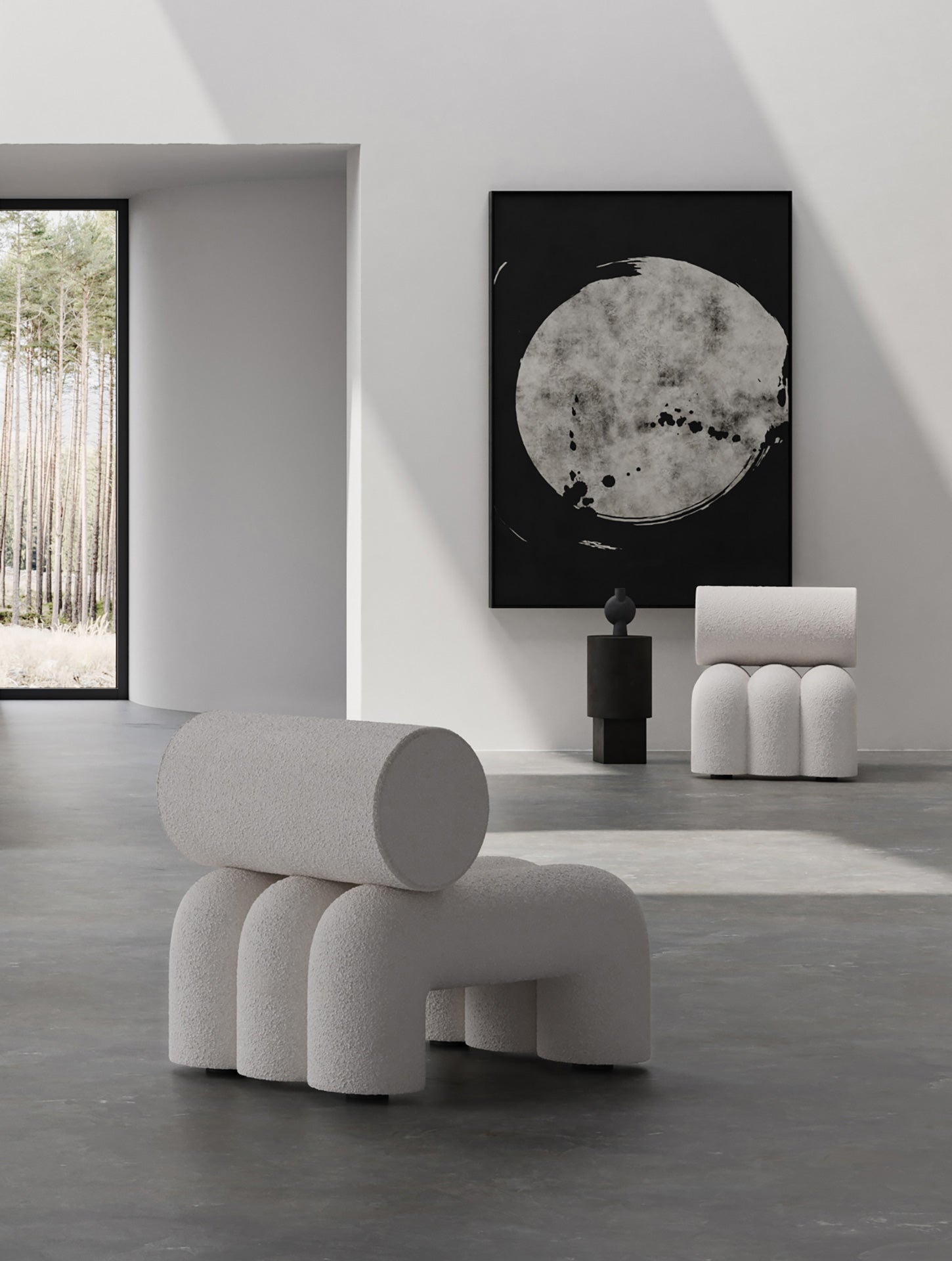 101 Copenhagen Fuko lounge chairs and Sphere vase on a column table