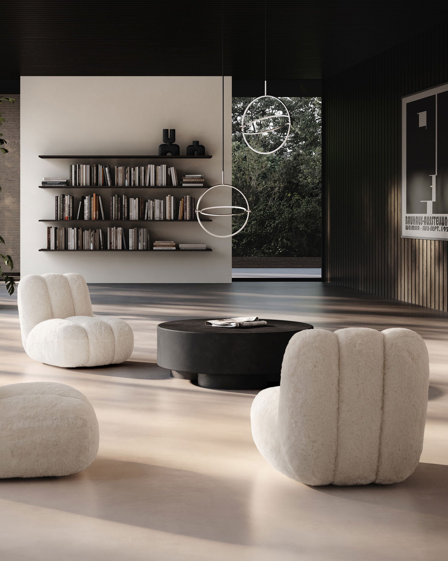 Modern living room with Sheepskin Toe chairs, a Big foot coffee table, and Maru pendants