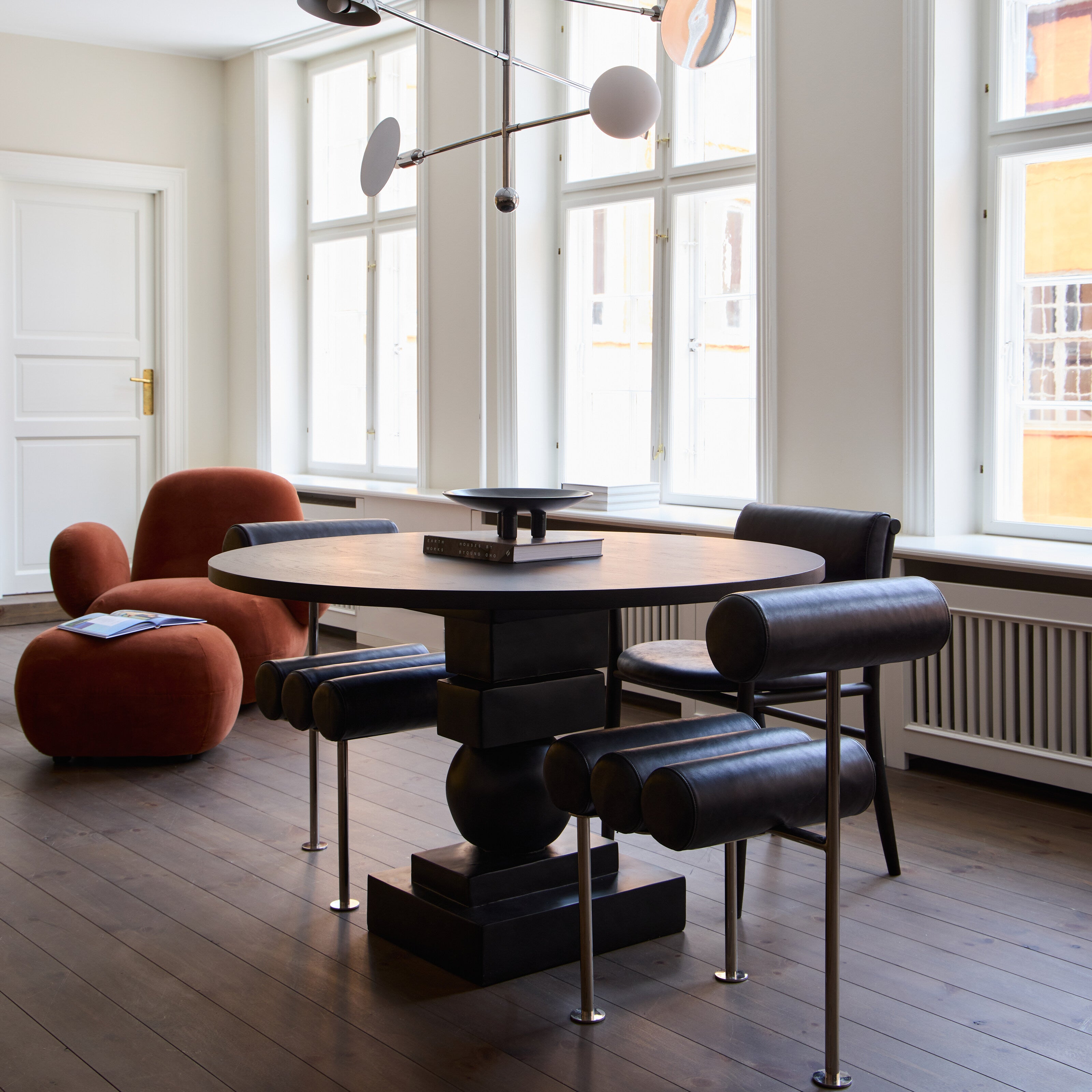 Hiro Dining Chair, Stainless Steel - Aniline Leather Black