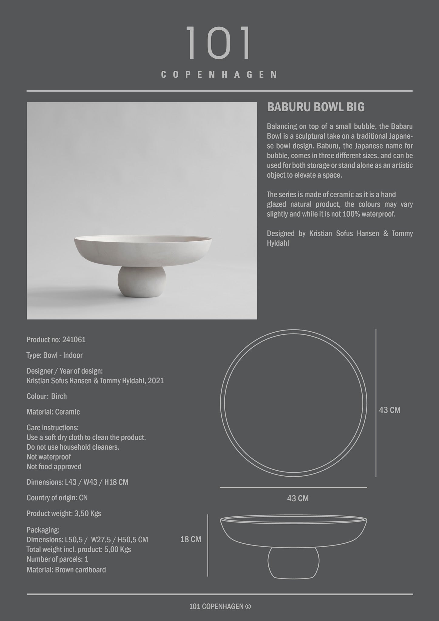 101 Copenhagen - Baburu Bowl, Big - Birch - Ceramic bowl