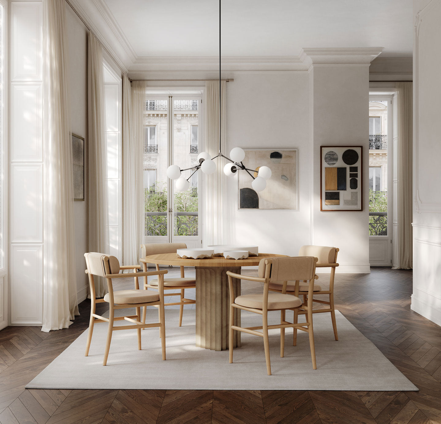 Modern dining room with Drop chandelier Bulp, Nama Dining Chairs, Iwa Trays and Arc dining table