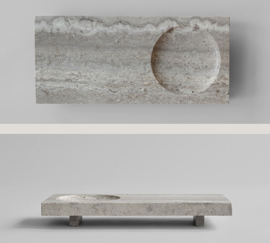 Oka Tray in Silver Travertine shown from the top and the side