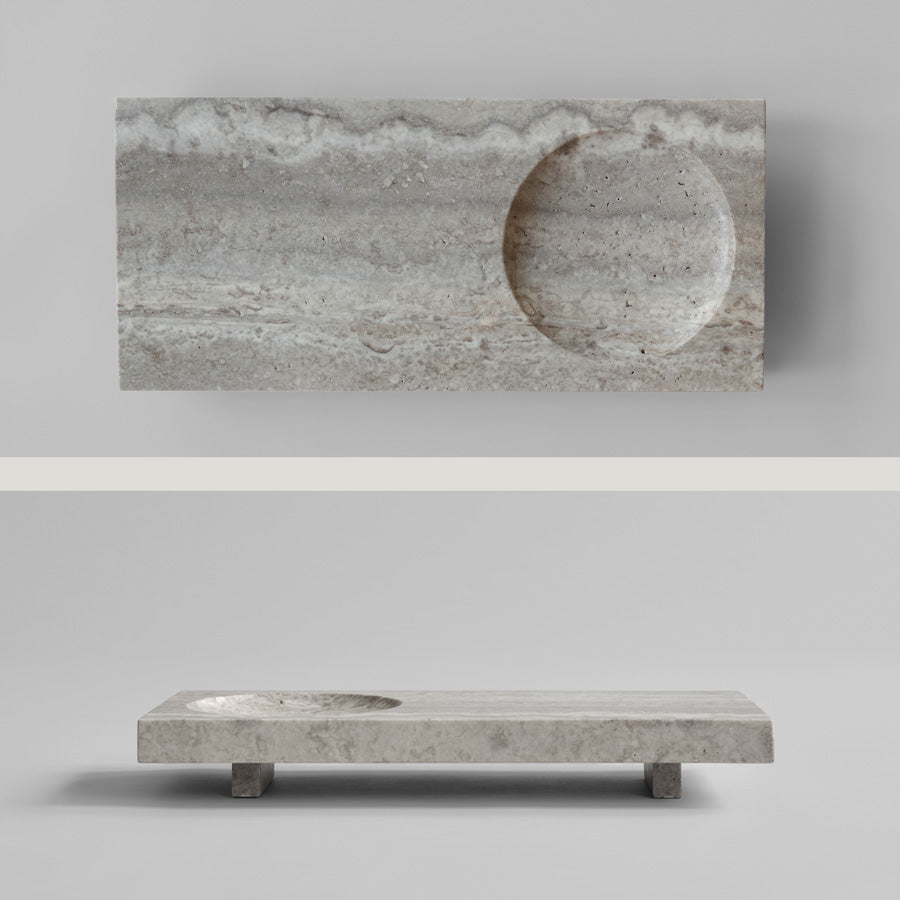 Oka Tray in Silver Travertine shown from the top and the side