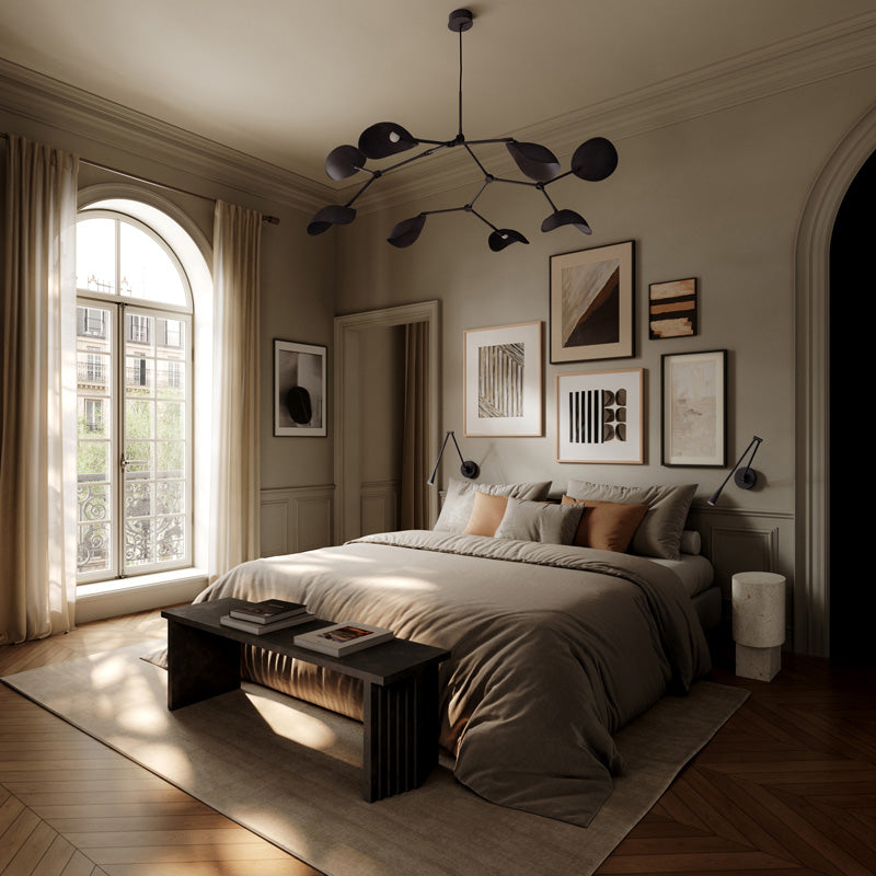 Moderen bedroom with Stingray Chandelier, snake wall lamps, and Column table