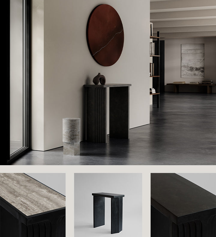 Modern interior with Arc console, Ni vase and Column table in Silver Travertine