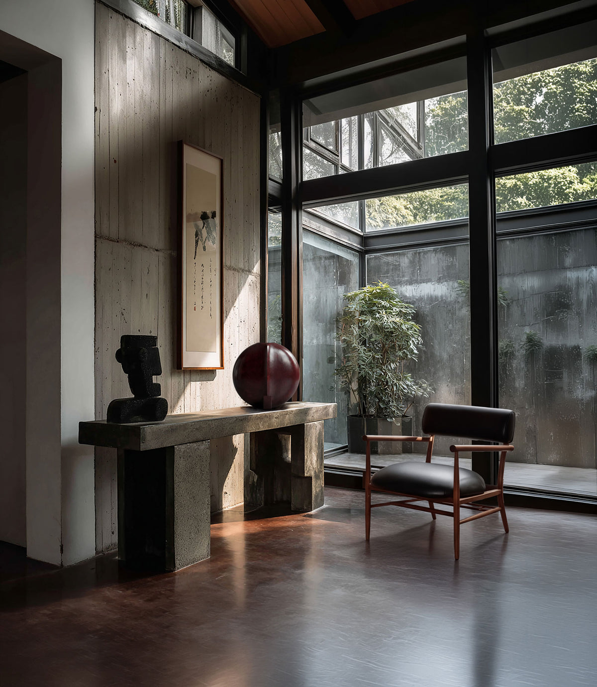 Nama Lounge chair in Leather and brown oak, And a Guggenheim Vase in marron