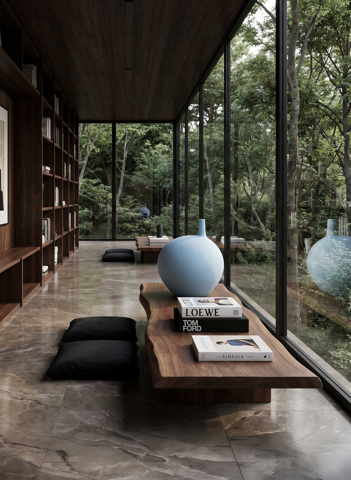 Light blue Submarin vase in a beautiful hall with a long book self and floor to ceiling glass windows out to a forest