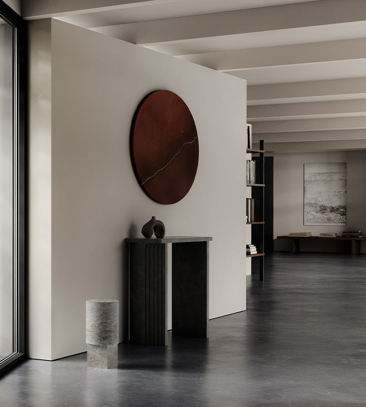 Modern interior with Arc console, Ni vase and Column table in Silver Travertine