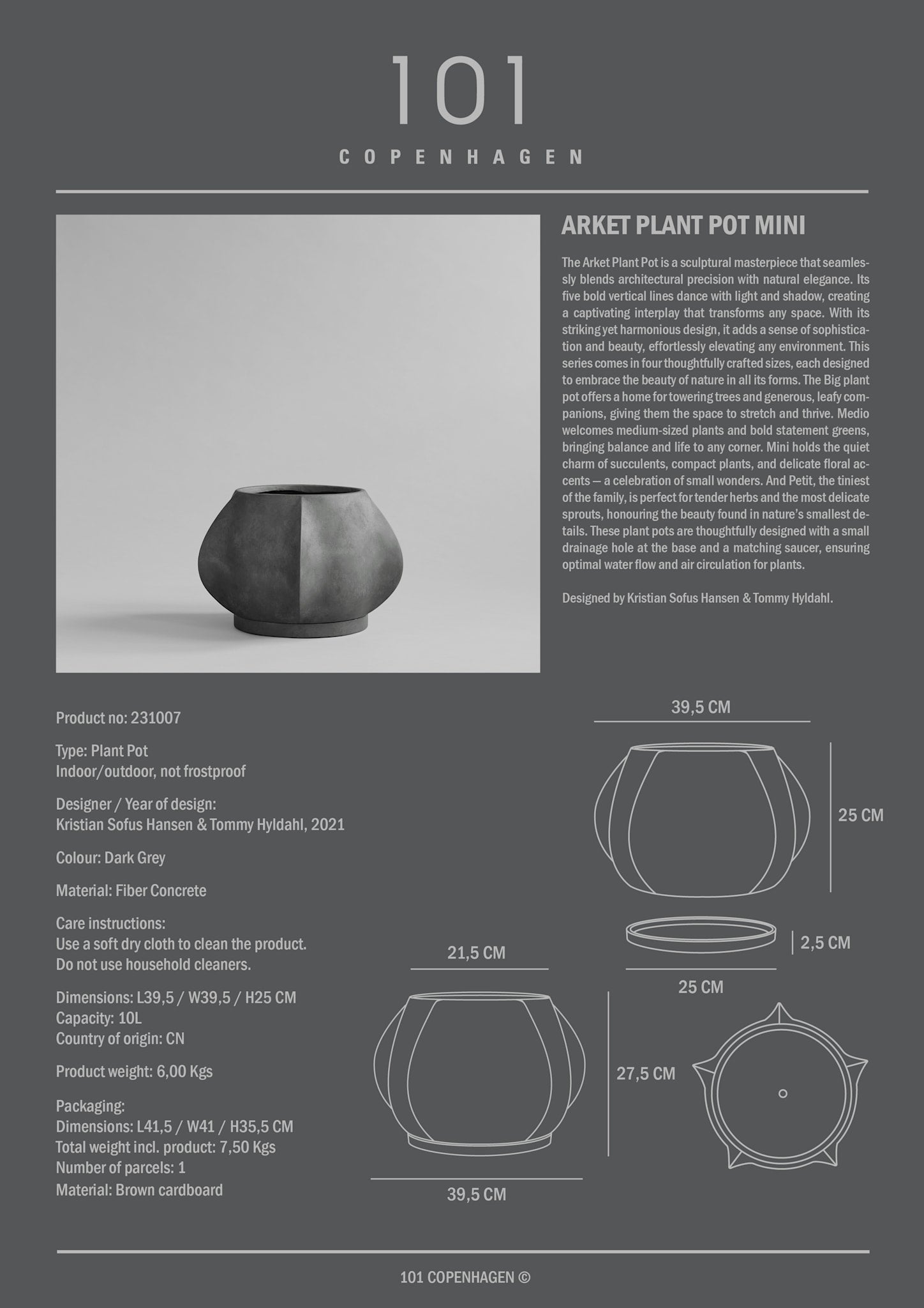 101 Copenhagen - Arket Plant Pot, Mini - Dark Grey - Outdoor