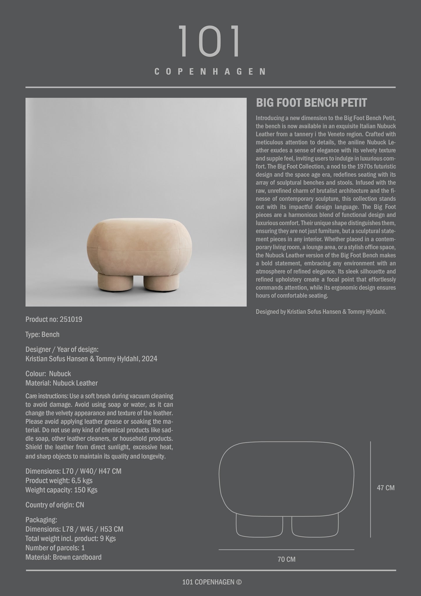 101 Copenhagen - Big Foot Bench, Petit - Nubuck - Bench