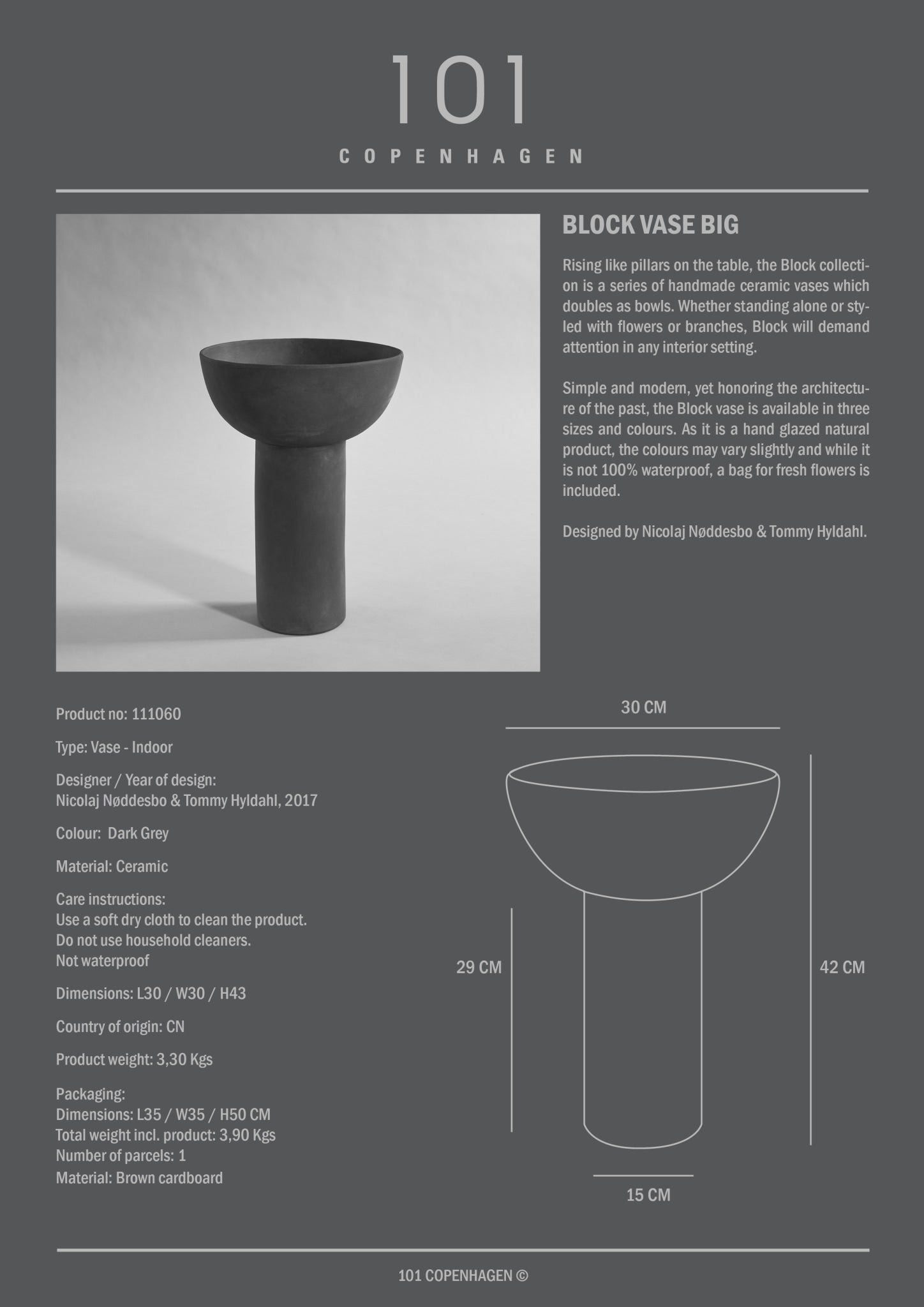 101 Copenhagen - Block Vase, Big - Dark Grey - Archive