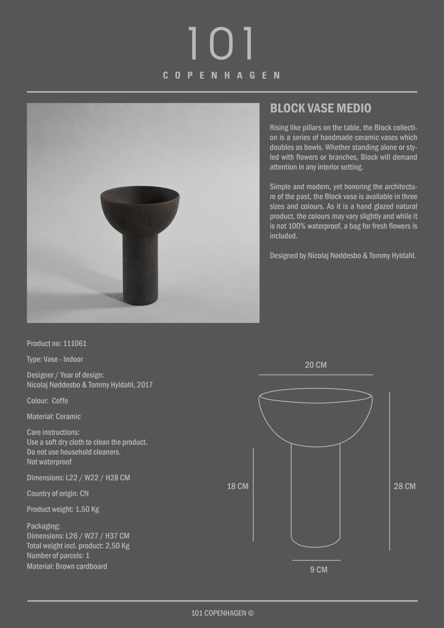101 Copenhagen - Block Vase, Medio - Coffee - Archive