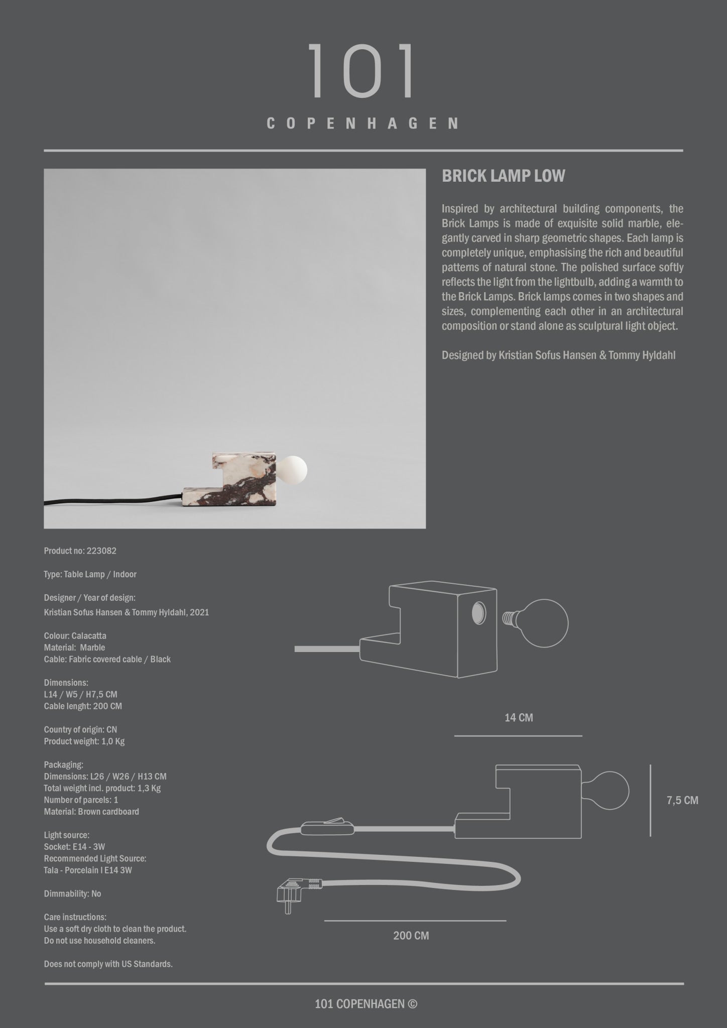 101 Copenhagen - Brick Lamp, Low - Calacatta - Table Lamp