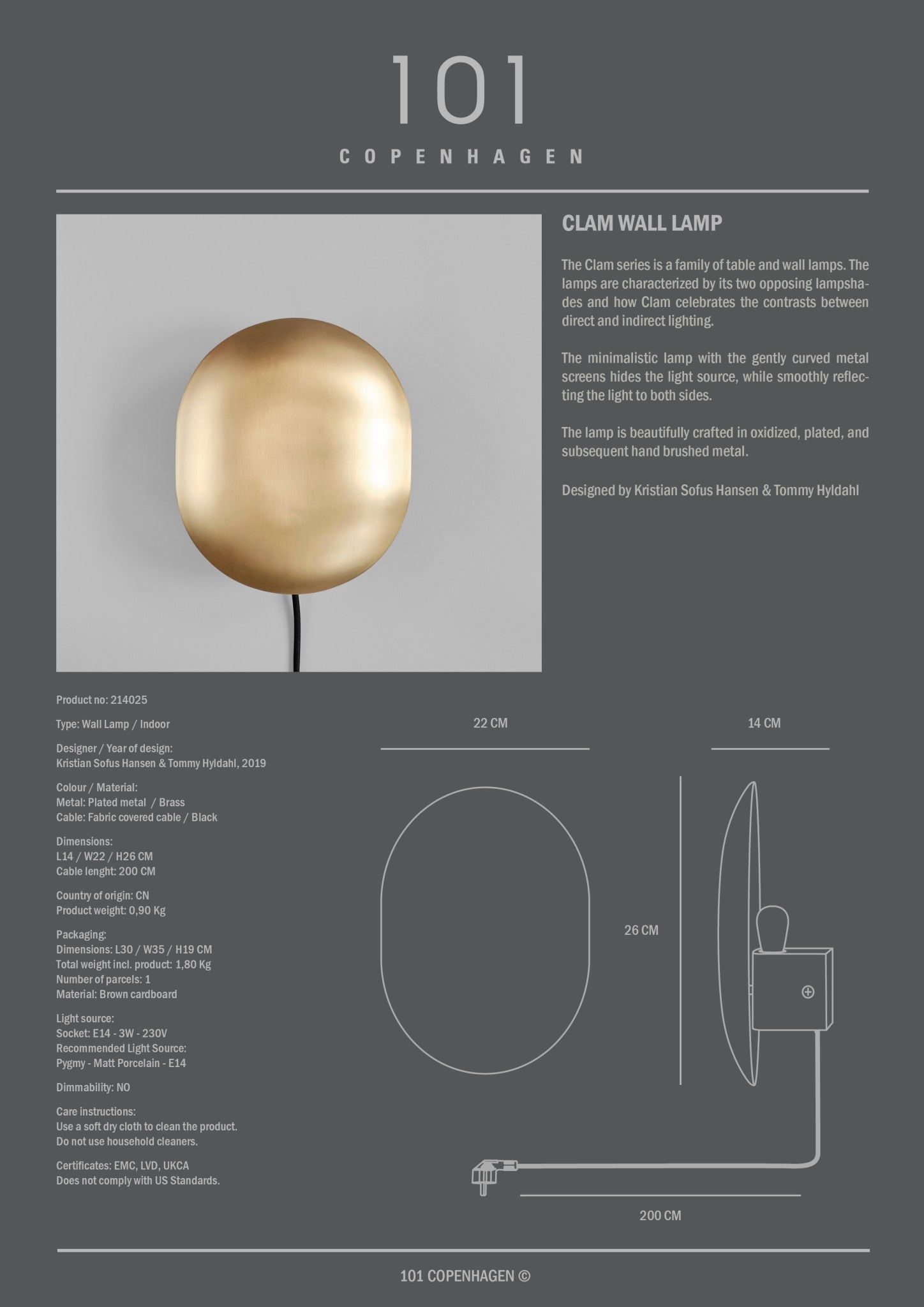 101 Copenhagen - Clam Wall Lamp - Brass - Wall Lamp