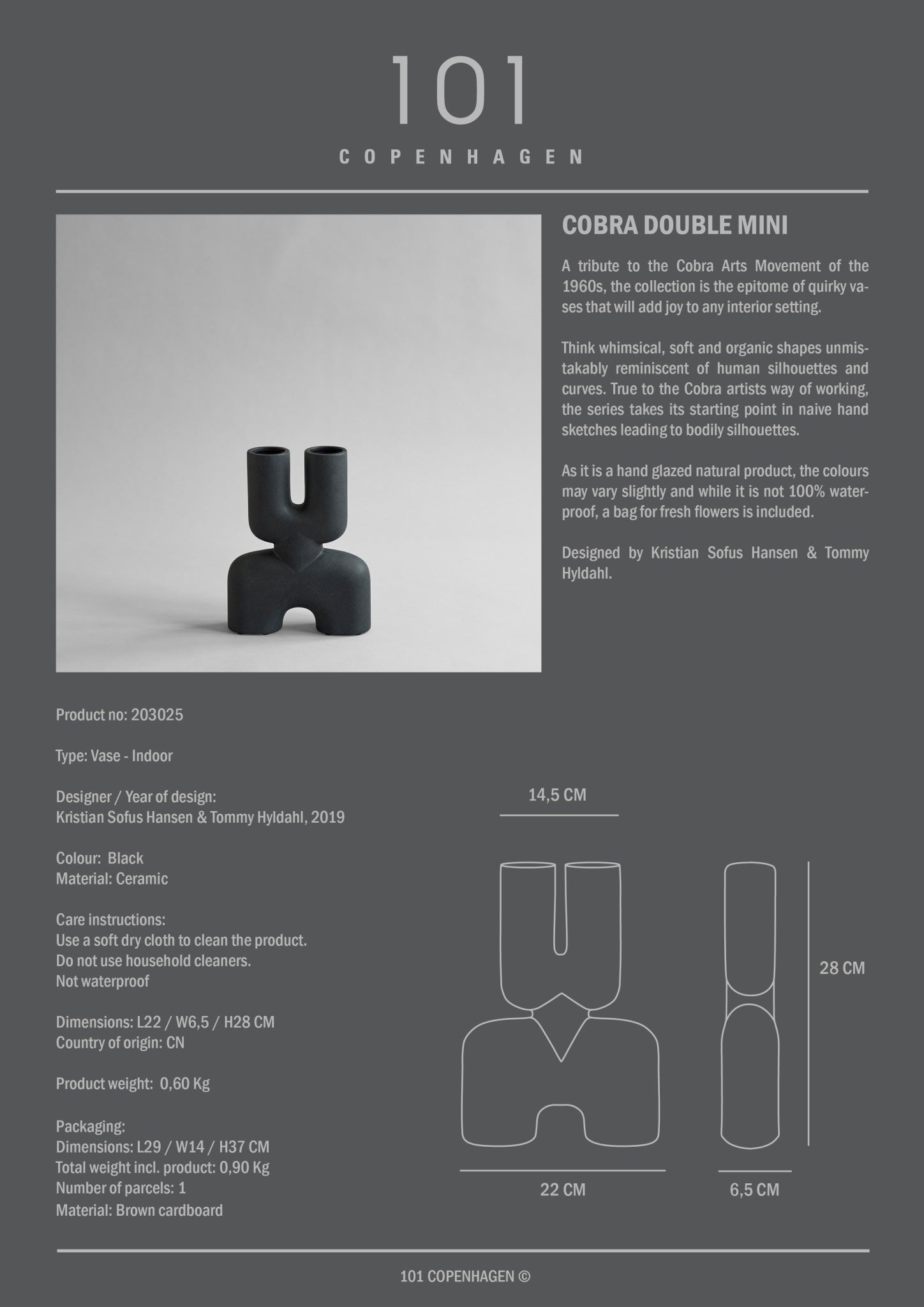 101 Copenhagen - Cobra Vase Double, Mini - Black - Vase