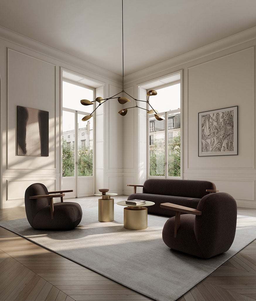 Dark Brown Toe sofa and Lounge chair, Stingray chandelier and temple tables