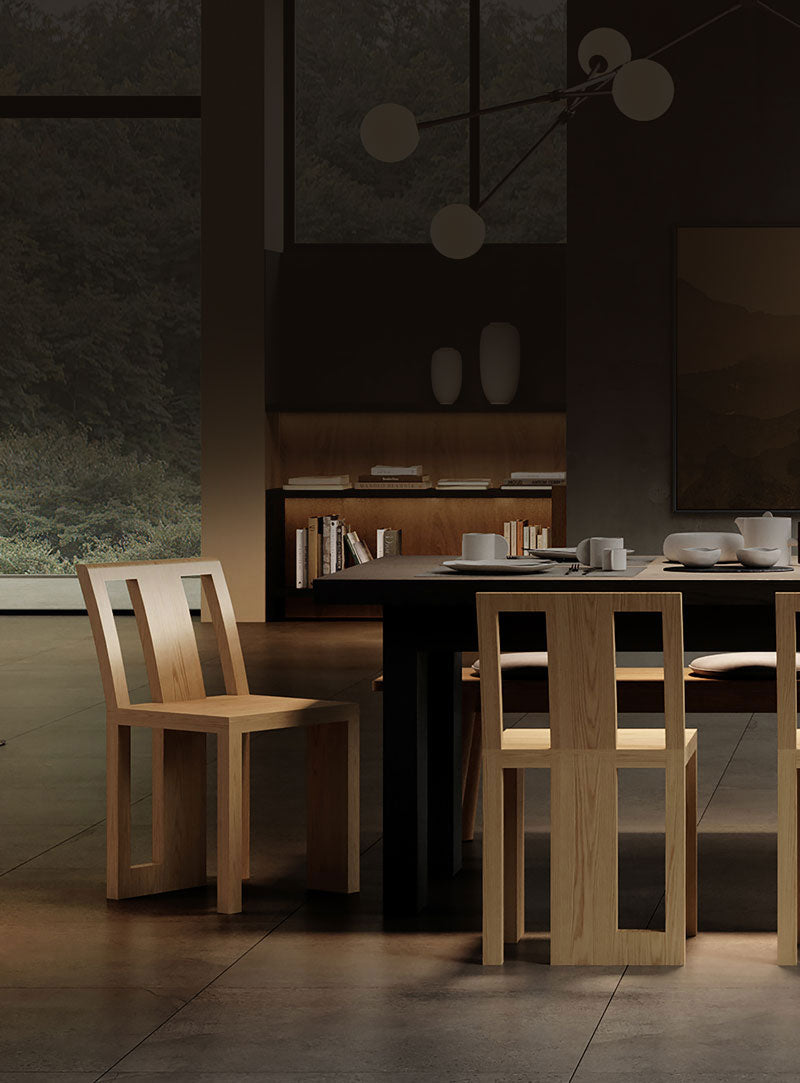 101 Copenhagen Atsu dining chairs in oak, Native dinnerware 