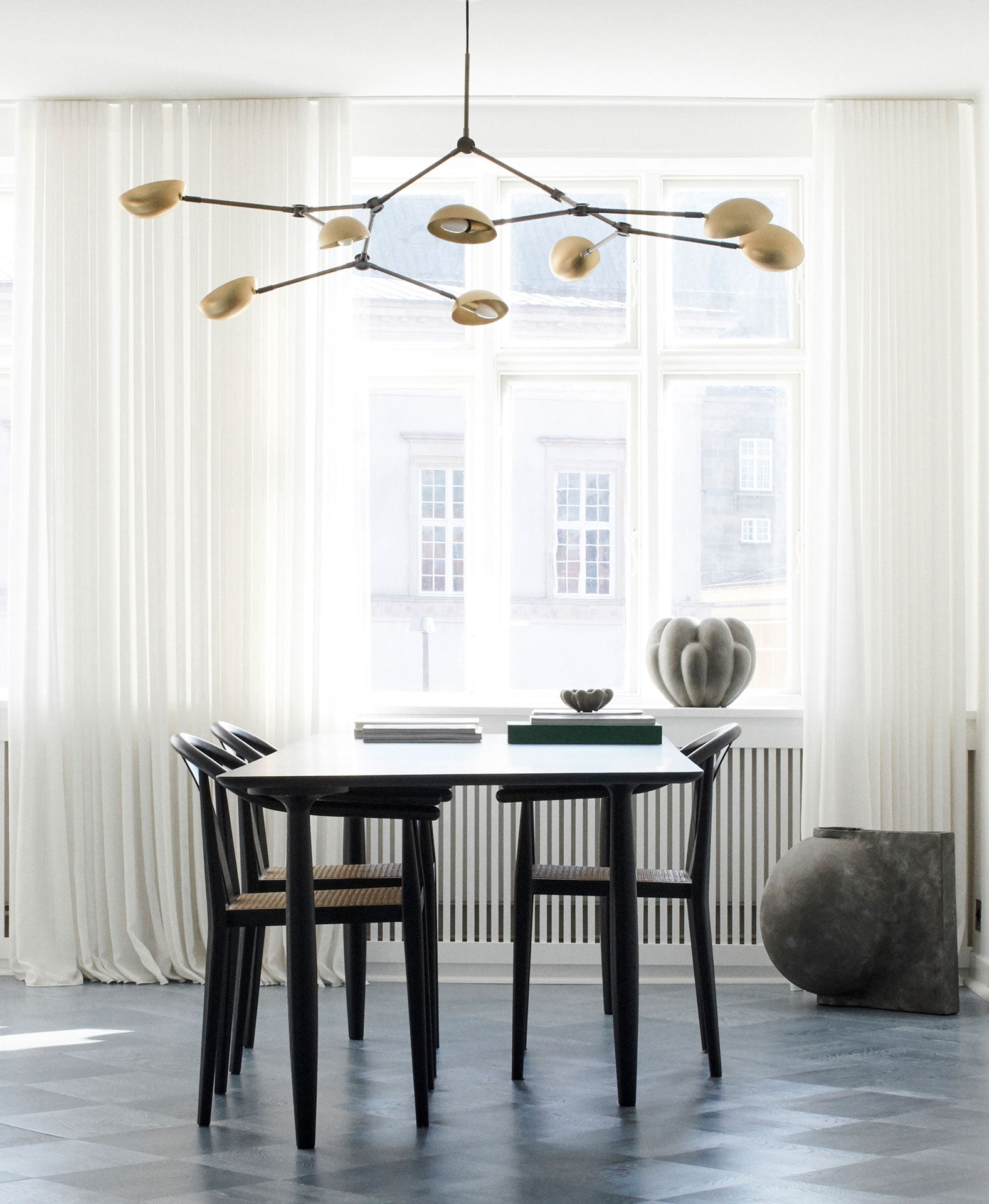 101 Copenhagen Drop Chandelier in Brass, Offset Vase and Blooms Vases