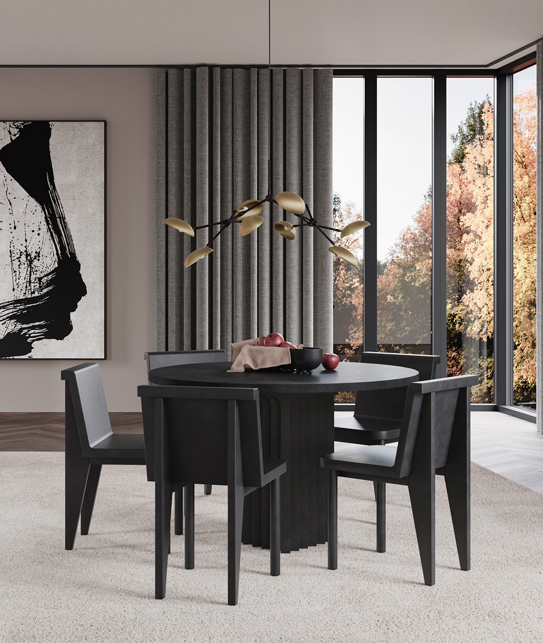 101 Copenhagen Brutus dining chairs, Drop chandelier and Arc Dining table