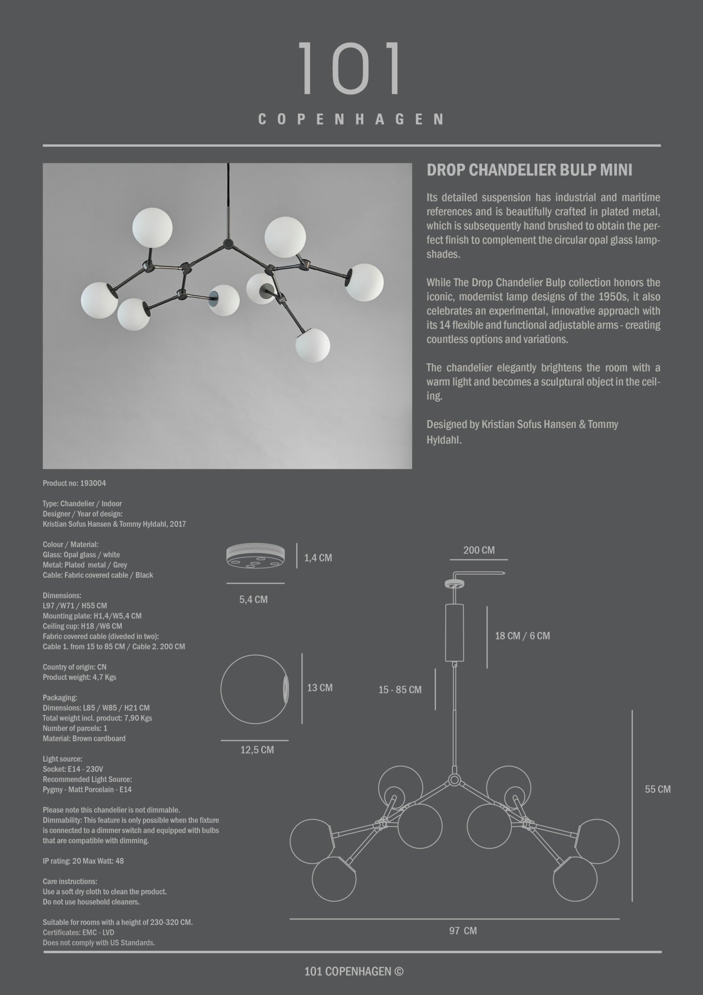 101 Copenhagen - Drop Chandelier Bulp, Mini - Grey - Chandelier