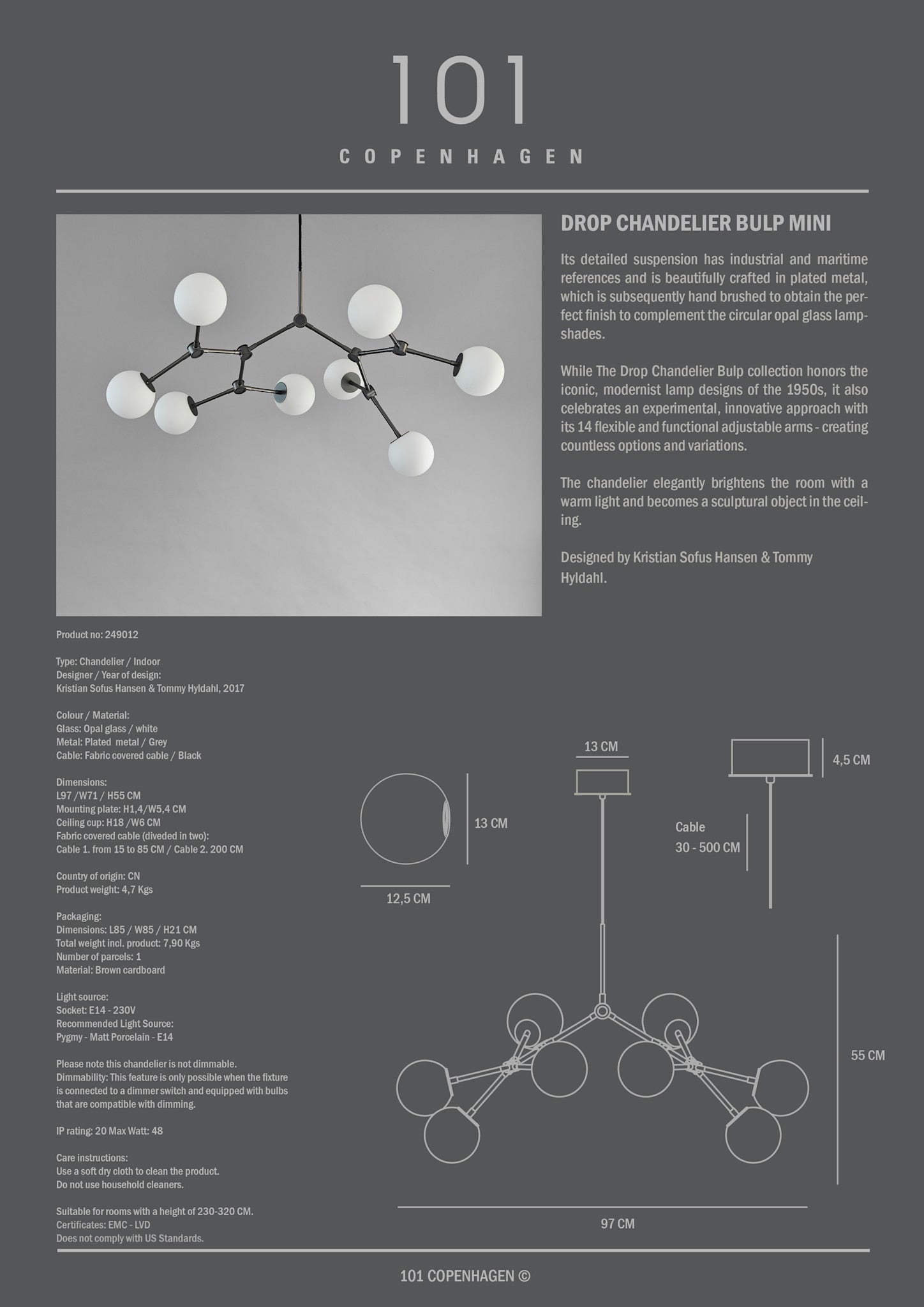 101 Copenhagen - Drop Chandelier Bulp, Mini - Grey (5m) - Chandelier