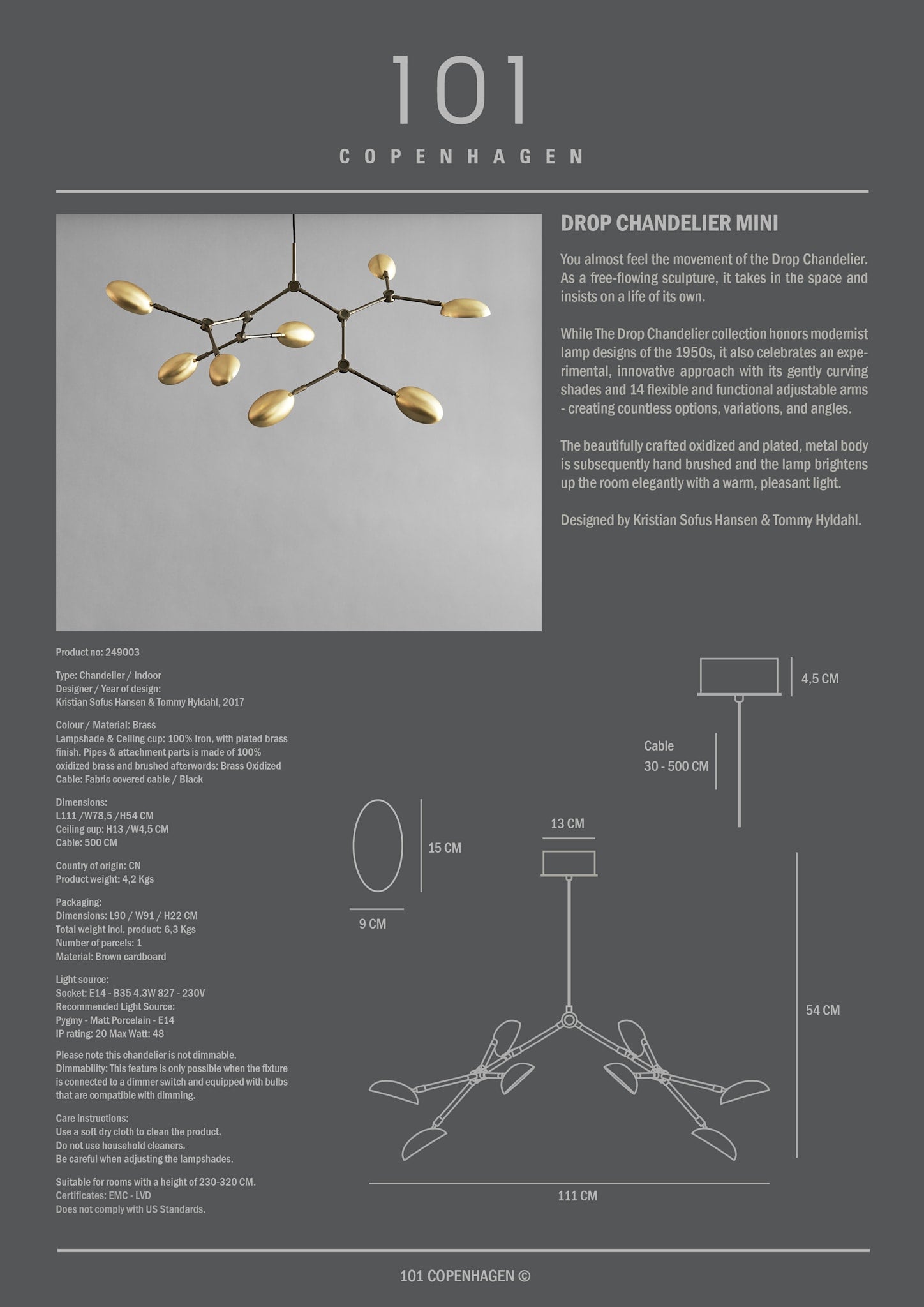 101 Copenhagen - Drop Chandelier, Mini - Brass (5m) - Chandelier