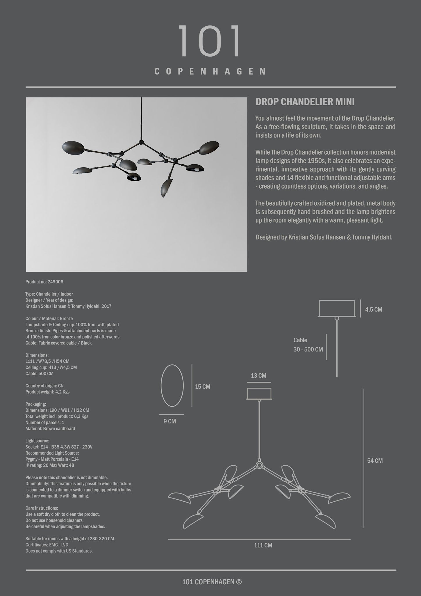 101 Copenhagen - Drop Chandelier, Mini - Bronze (5m) - Chandelier