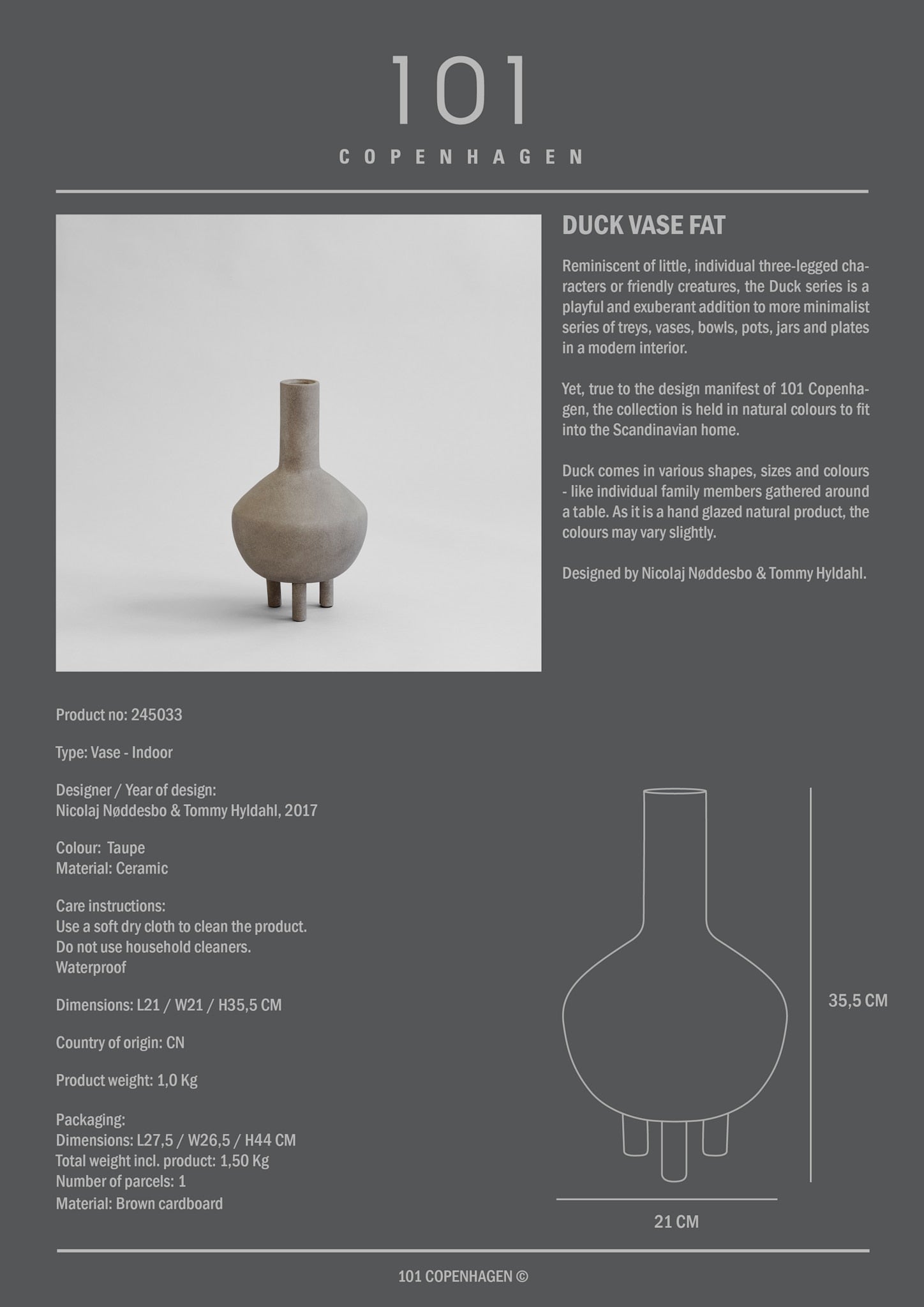 101 Copenhagen - Duck Vase, Fat - Taupe - Vase