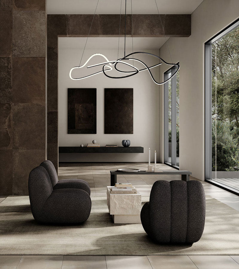 101 Copenhagen Livingroom With Ghost Chandelier, Toe chairs,  Temple tables, Bloom vase and enkei jars and arc bench