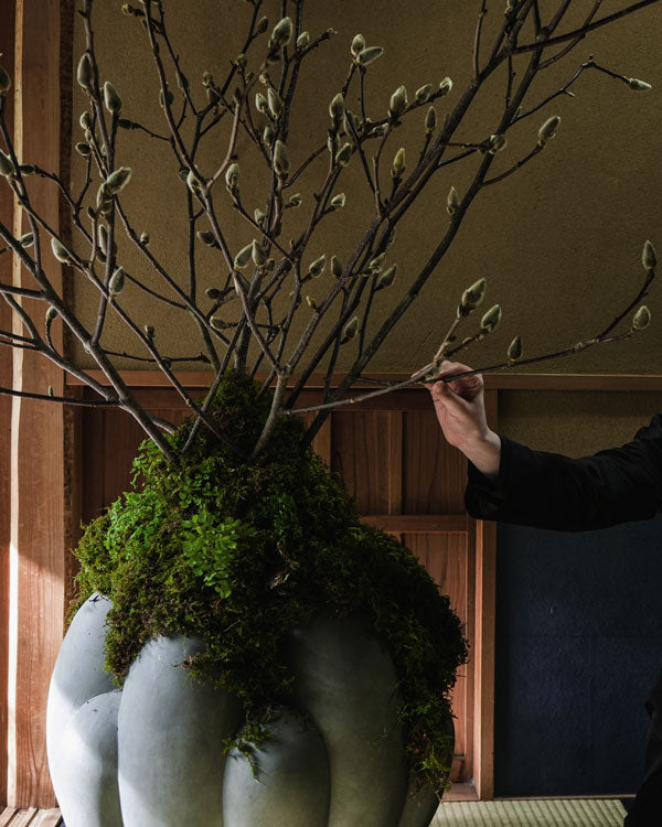 Hikaru Seino, arranging branches in a decorative Bloom vase with moss against a wooden panel background